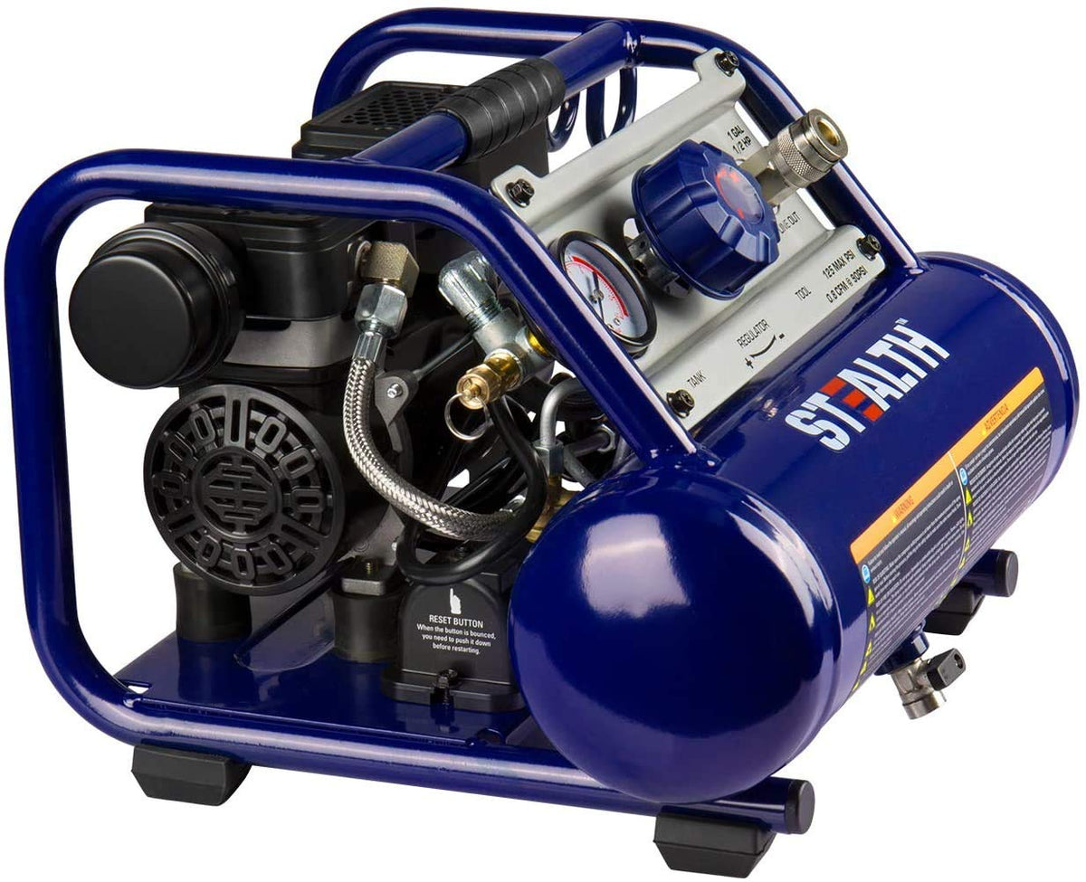 STEALTH Air Compressor 1 Gallon, 1/2HP Max 125 PSI, Induction Motor, 0.8 CFM@90PSI, 1.3 CFM@40PSI, Oil-Free Maintenance Free Light Weight Electric Air Tools for Drilling, Nailing, Grinding, SAUQ-1105