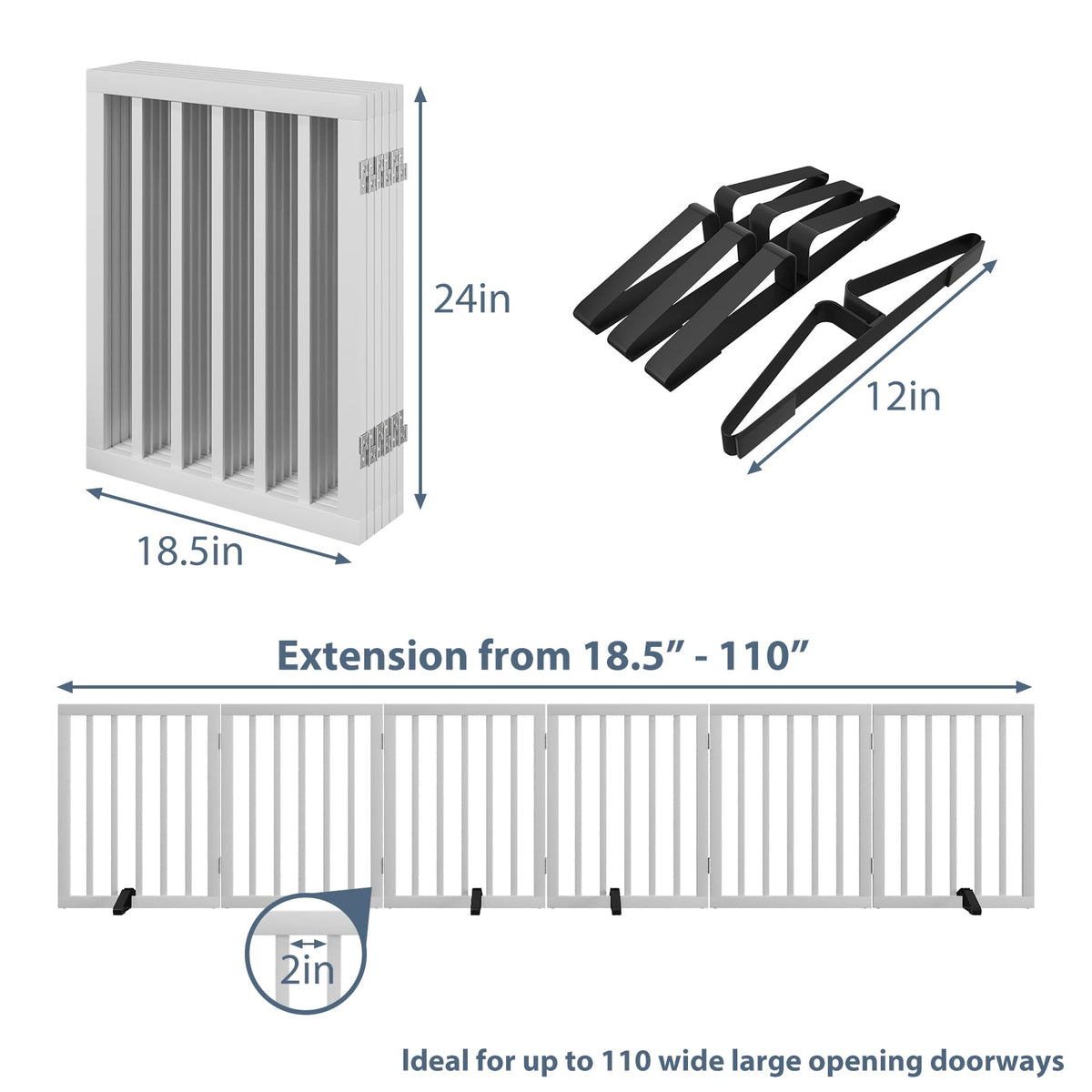 Dog Gates for Doorways Extra Wide 110inches (9ft), Wooden Freestanding Pet Gates for Dogs with 4 Support Stands, Foldable Gates for Dogs Indoor