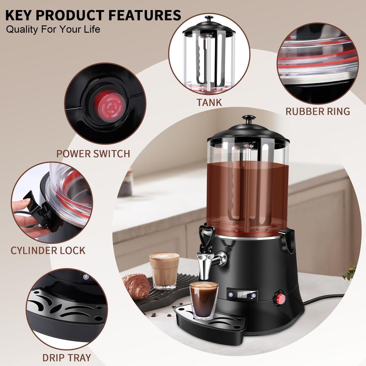 Commercial Hot Chocolate Machine & Beverage Dispenser, 10L Capacity, 110V Electric Warmer for Coffee, Hot Chocolate, Milk Tea, Black, Professional Grade for Cafes & Restaurants