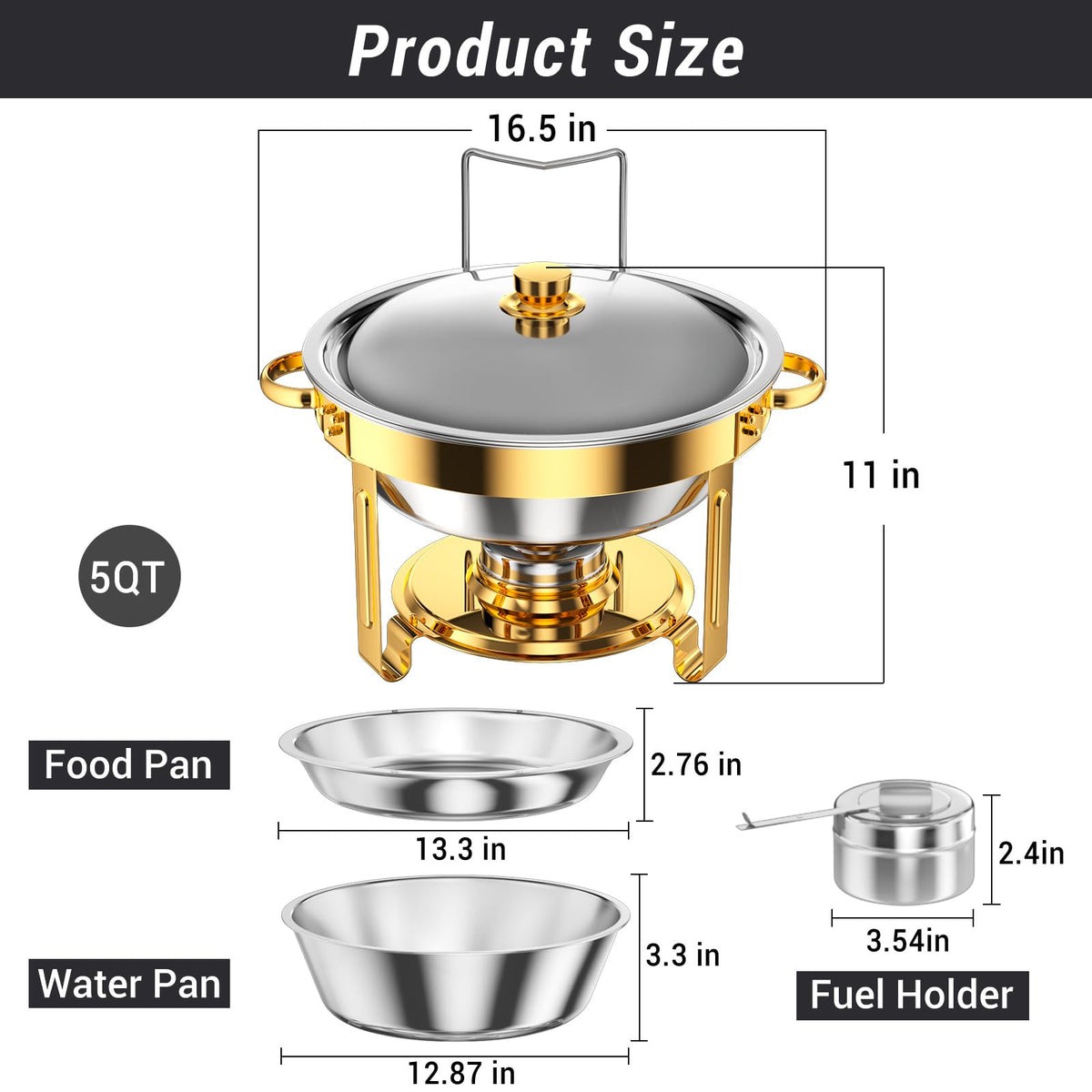 Keyoxy Round Chafing Dishes for Buffet 5 Qt,High Grade Chafing Dish Buffet Set, Full Size Pan,Rolled-Edge Design Food Warmers for Parties,Buffet,Wedding,Birthday,Camping 4 PACK (Gold)