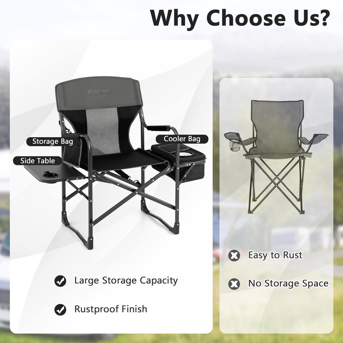 COSTWAY 2-Pack Folding Camping Chair, Heavy-Duty Director Chair Supports 400lbs for Adults with Side Table, Cooler Bag, Storage, Strap, Portable Makeup Chair Set of 2 for Fishing Picnic, Black