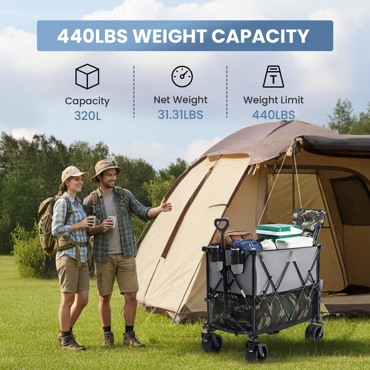 OLIXIS Wagon Cart Collapsible Double Decker 440 lbs Heavy Duty Wagon with All-Terrain Wheels & Adjustable Handle, Portable 400L Storage Utility Cart for Garden, Camping, Sports, Shopping, Grey