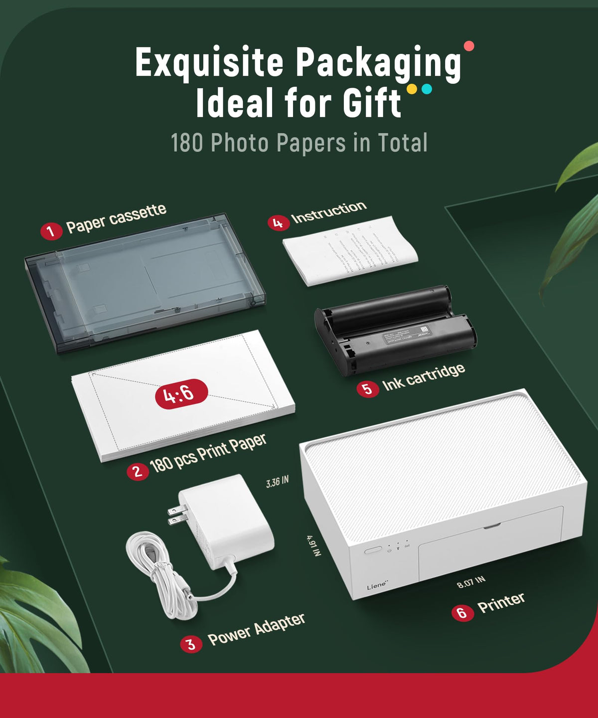 Liene M100 4x6'' Photo Printer Bundle (180 pcs +5 Ink Cartridges), Wi-Fi Picture Printer for iPhone, Android, Smartphone, Computer, Dye-Sublimation, Portable for Home Use