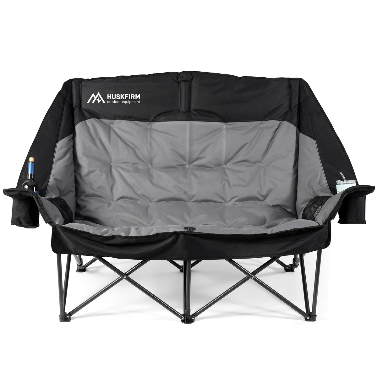 Huskfirm High Back Double Camping Chair 2 Person Camping Chair Low Seat Loveseat Camping Chair Fully Padded Oversized Camping Couch for Adults - Supports 650 LBS with Cup Holders Carry Bag - Black