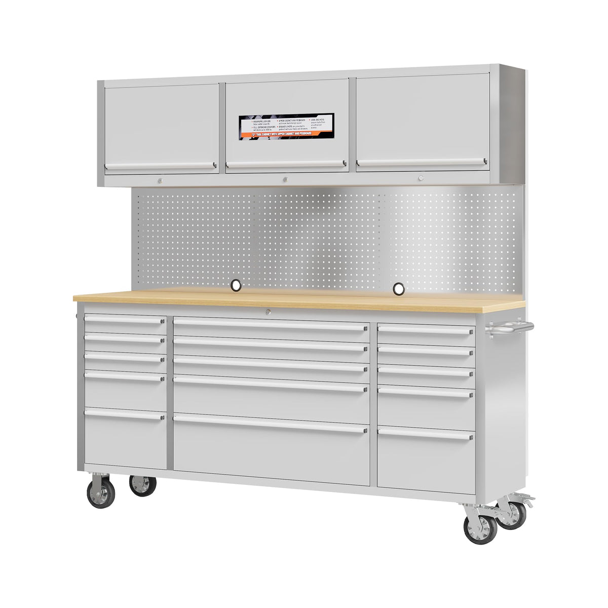 Garvee 72 Inch Rolling Tool Chest Workbench with Solid Wood Top, 15 Drawer Lockable Tool Storage Cabinet on Wheels, Heavy Duty Mobile Tool Box Cart for Garage, Workshop and Repair Shop