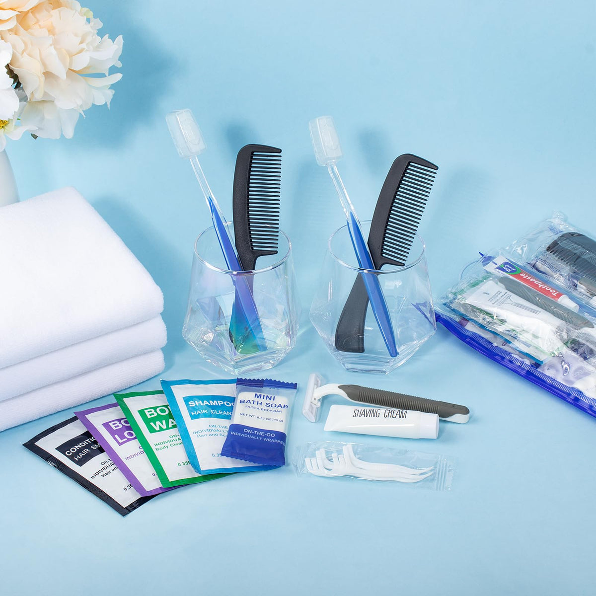 Xuezoioy Personal Hygiene Kit Bulk Pack of 100,Individually Wrapped 13-IN-1 Blue Disposable Basic Travel Toiletry Set Homeless Care Package Supplies for Men,Women,Guests,Charity