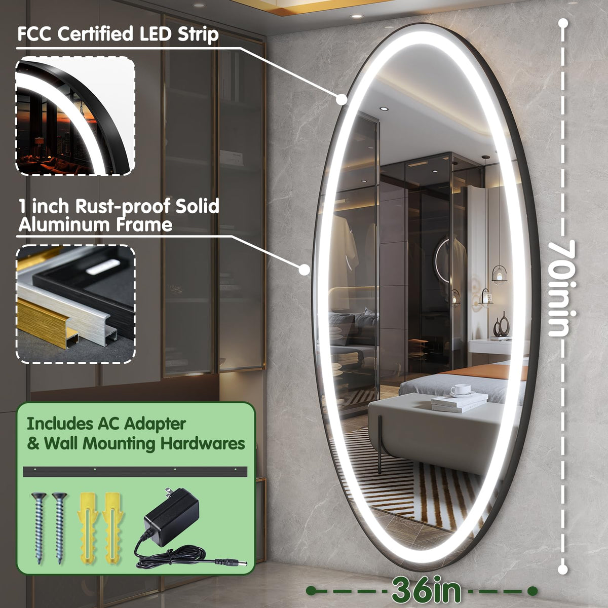 FENNIO 70" x 36" Large Wall Mounted Mirror with LED Lights, Oval Full Length LED Lighted Full Body Dressing Mirror for Bedroom, Salon, Brushed Aluminum Frame, Tempered Glass