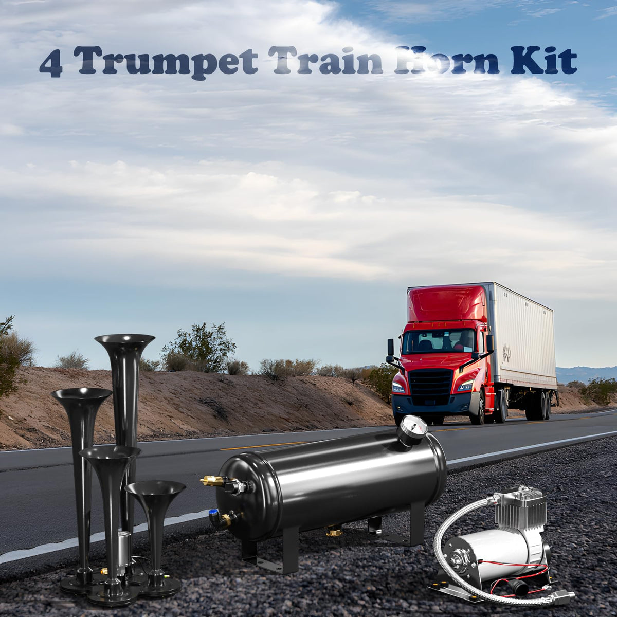 150DB Train Air Horn Kit, 4 Horn Kits for 150 PSI 12V Air Compressors, Ultra Loud Air Horn With Built-in 90-120 PSI Pressure Switch and Temperature Controller for Truck Complete Kit, Black 1.59 Gallon