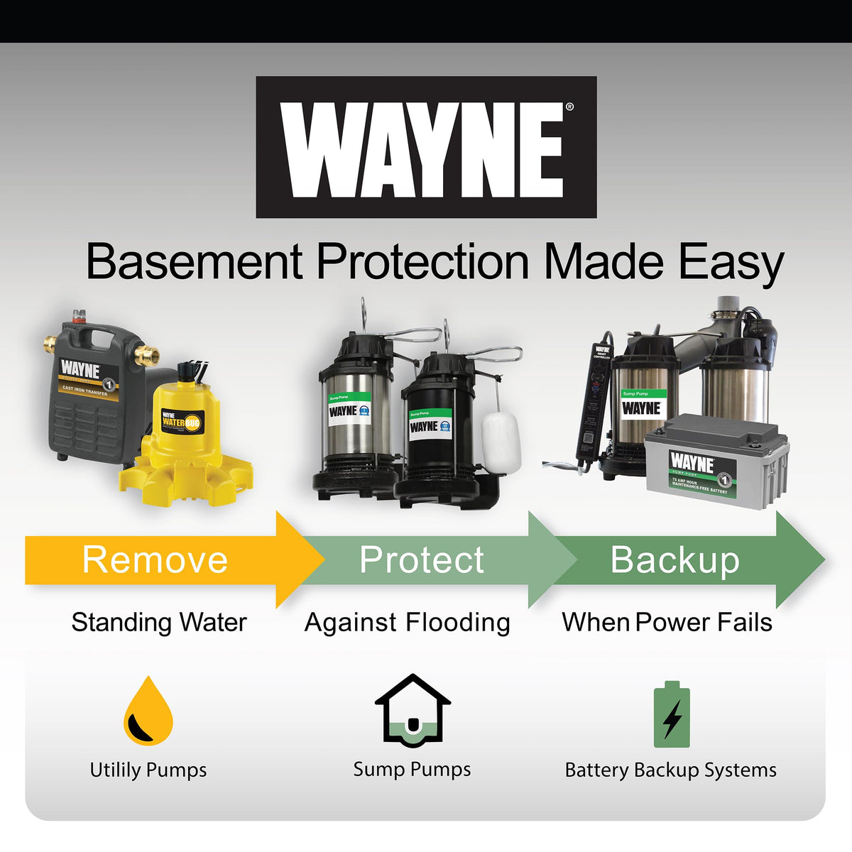 WAYNE CDU790-1/3 HP Submersible Cast Iron and Stainless Steel Sump Pump with Integrated Vertical Float Switch - Up to 4,600 Gallons Per Hour - Heavy Duty Basement Sump Pump, Black