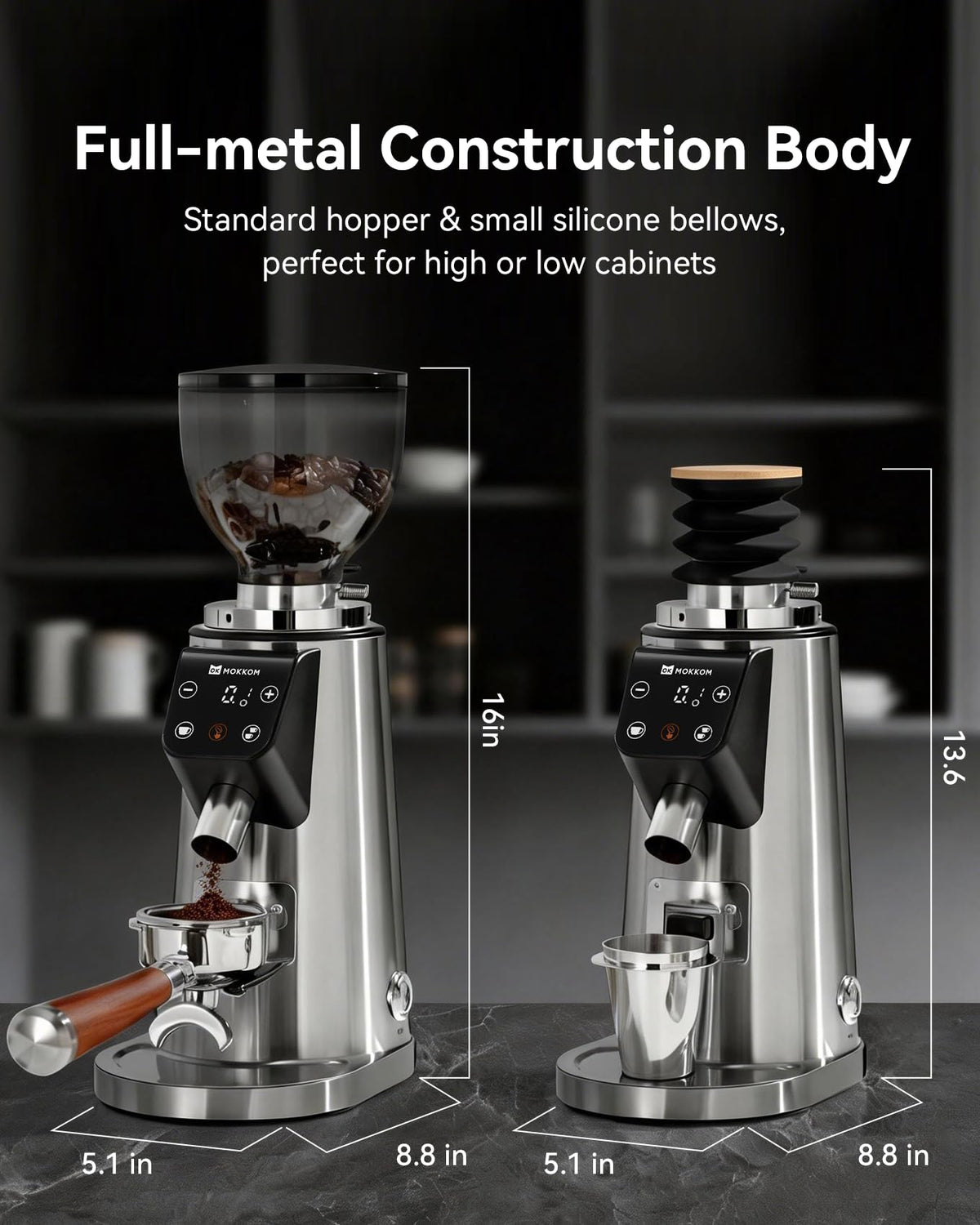 MOKKOM Professional 64mm Flat Burr Coffee Grinder with 100 Grind Settings, All-Metal Stainless Steel Body, Coffee Bean Grinder with Adjustable Electronic Timer, Anti-Static, LED Display