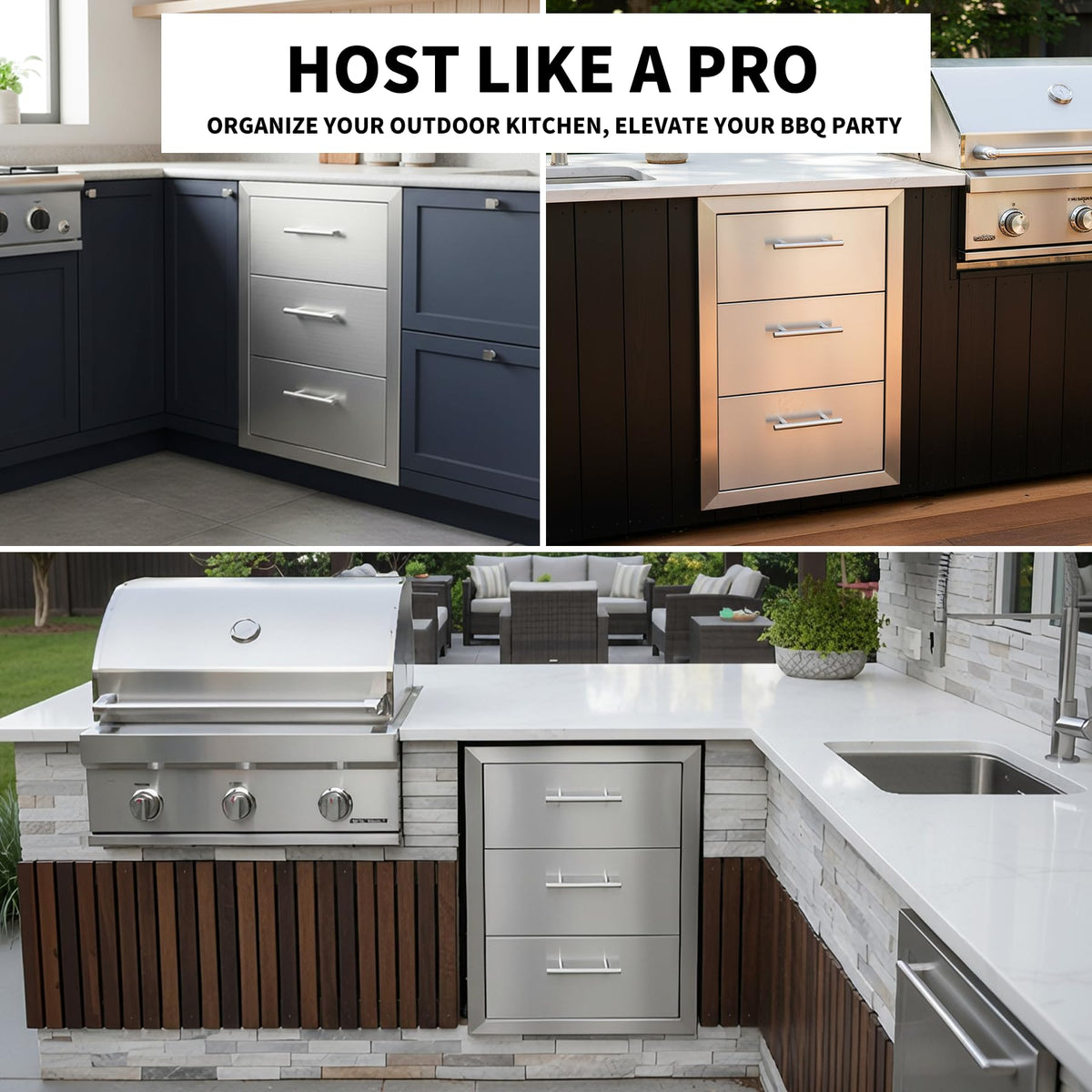 Cxforste Outdoor Kitchen Drawers with Triple-Access & Handles ,18" W x 23" H x 23" D Stainless Steel Flush Mount Modular Cabinet for BBQ Islands & Patios