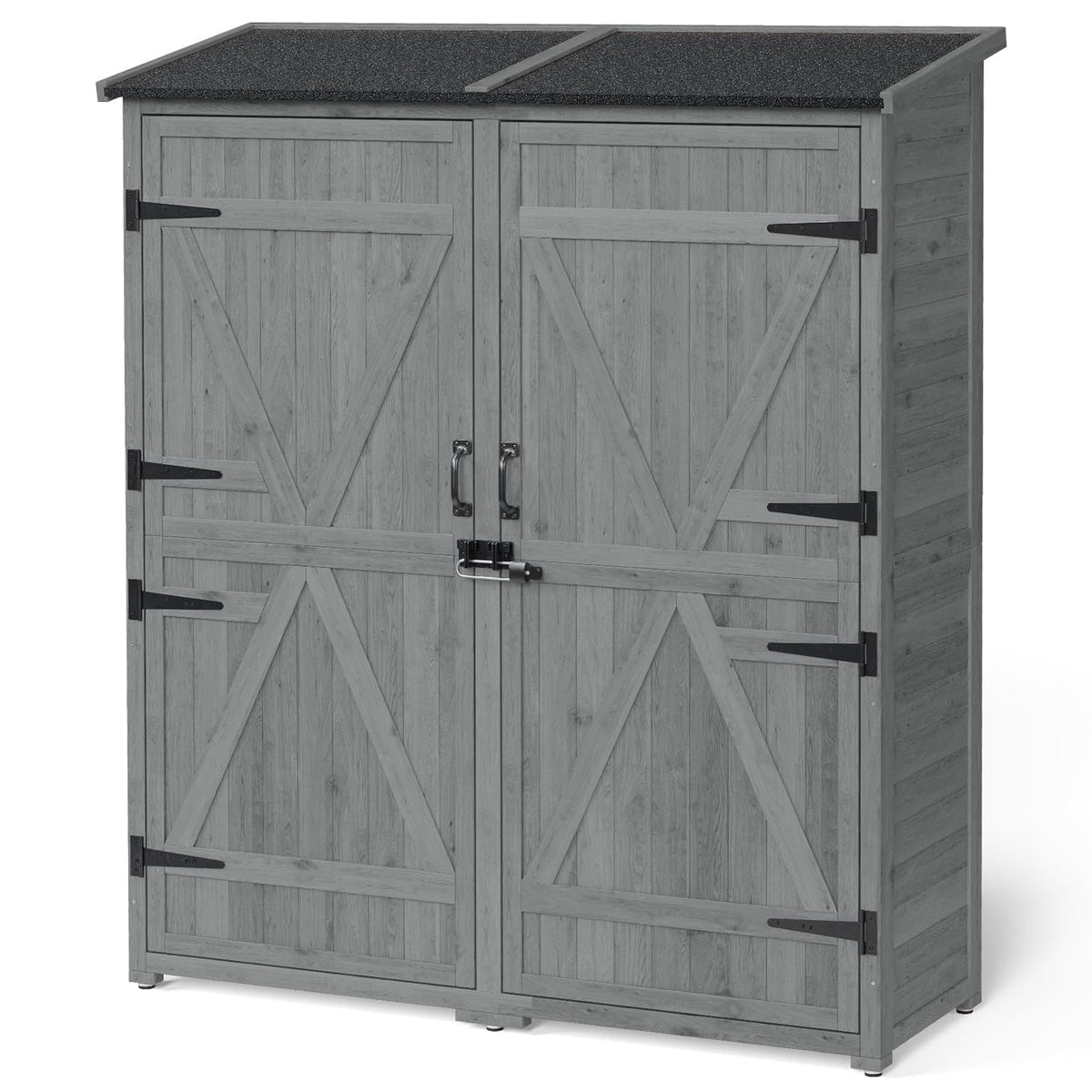 Gizoon Outdoor Storage Cabinet with Waterproof Roof, Double Lockable Doors Garden Shed with 2 Removable Shelves, Wooden Storage Shed with Large Storage Space for Patio, Garden, Backyard, Lawn, Grey