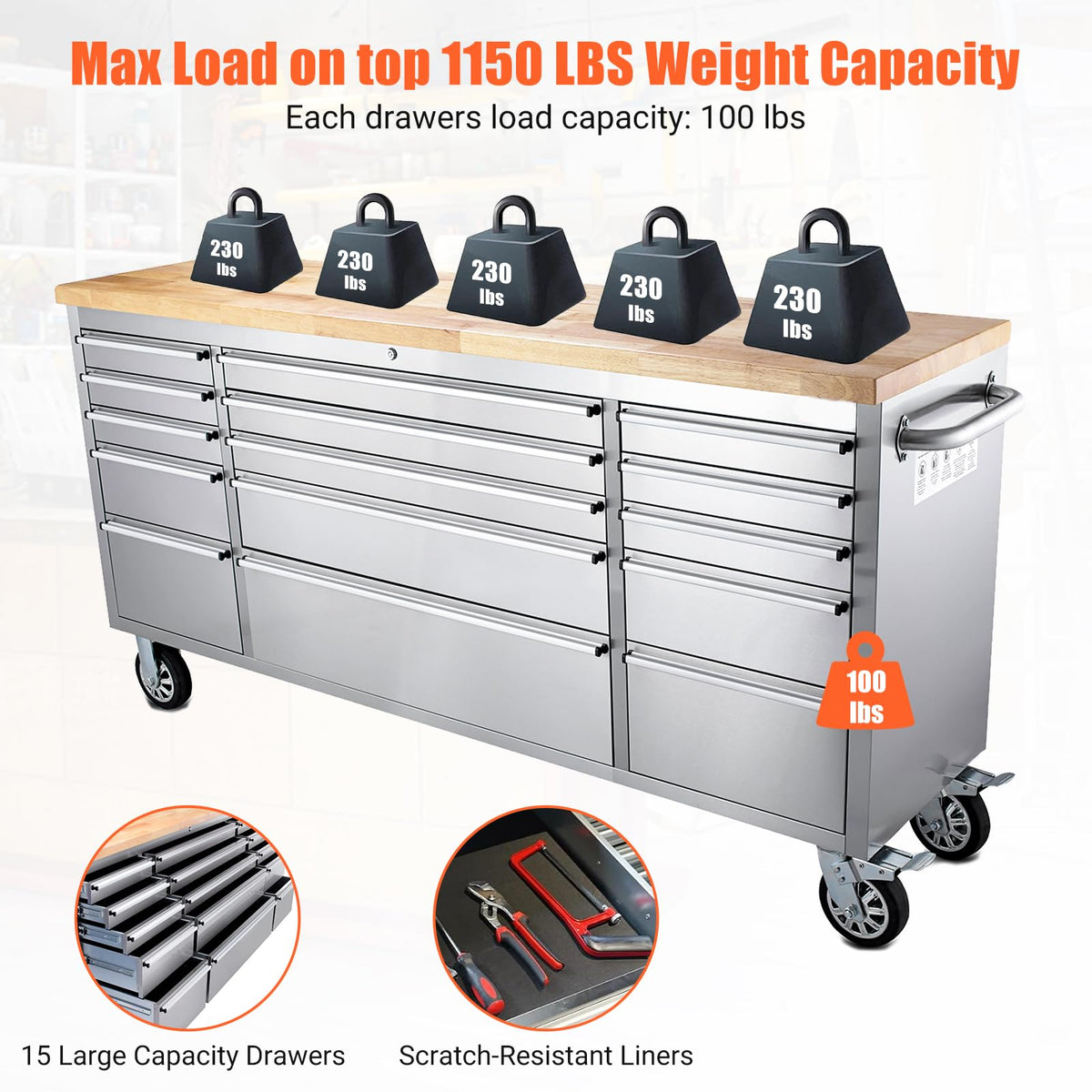 72 Inch Heavy Duty Rolling Tool Chest, Stainless Steel Tool Cabinet with 15 Drawers, Solid Wood Top Workbench, Mobile Toolbox Organizer with Locking Wheels, Power Outlets, for Garage, Workshop, Storag