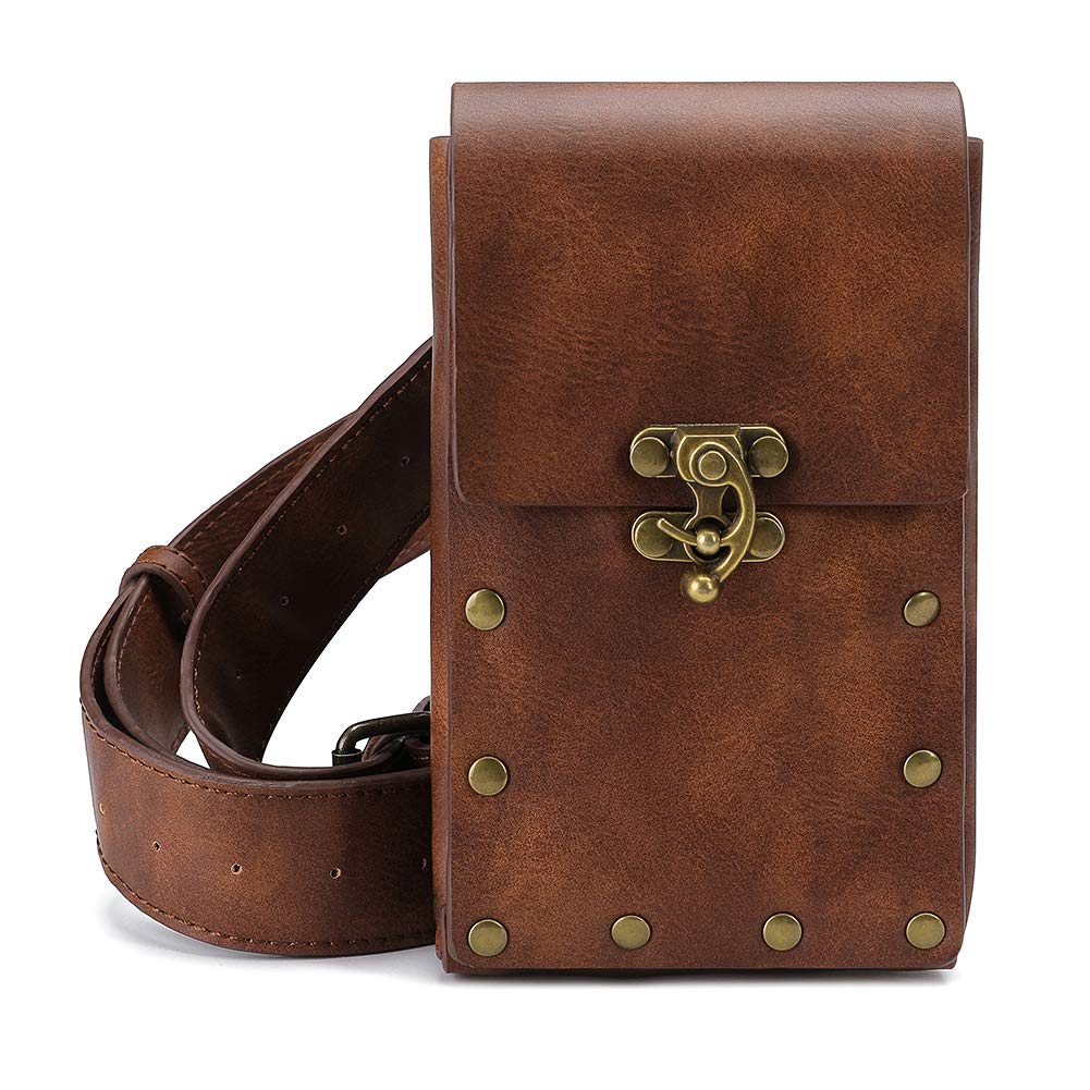 Belt Pouch Waist Bag Fanny Pack Medieval Vintage Leather Pouch Cellphone Holder Holster Carry Belt Purse Pocket Casual Hiking Festival Renaissance Faire Costume Props Travel Wallet (Brown)