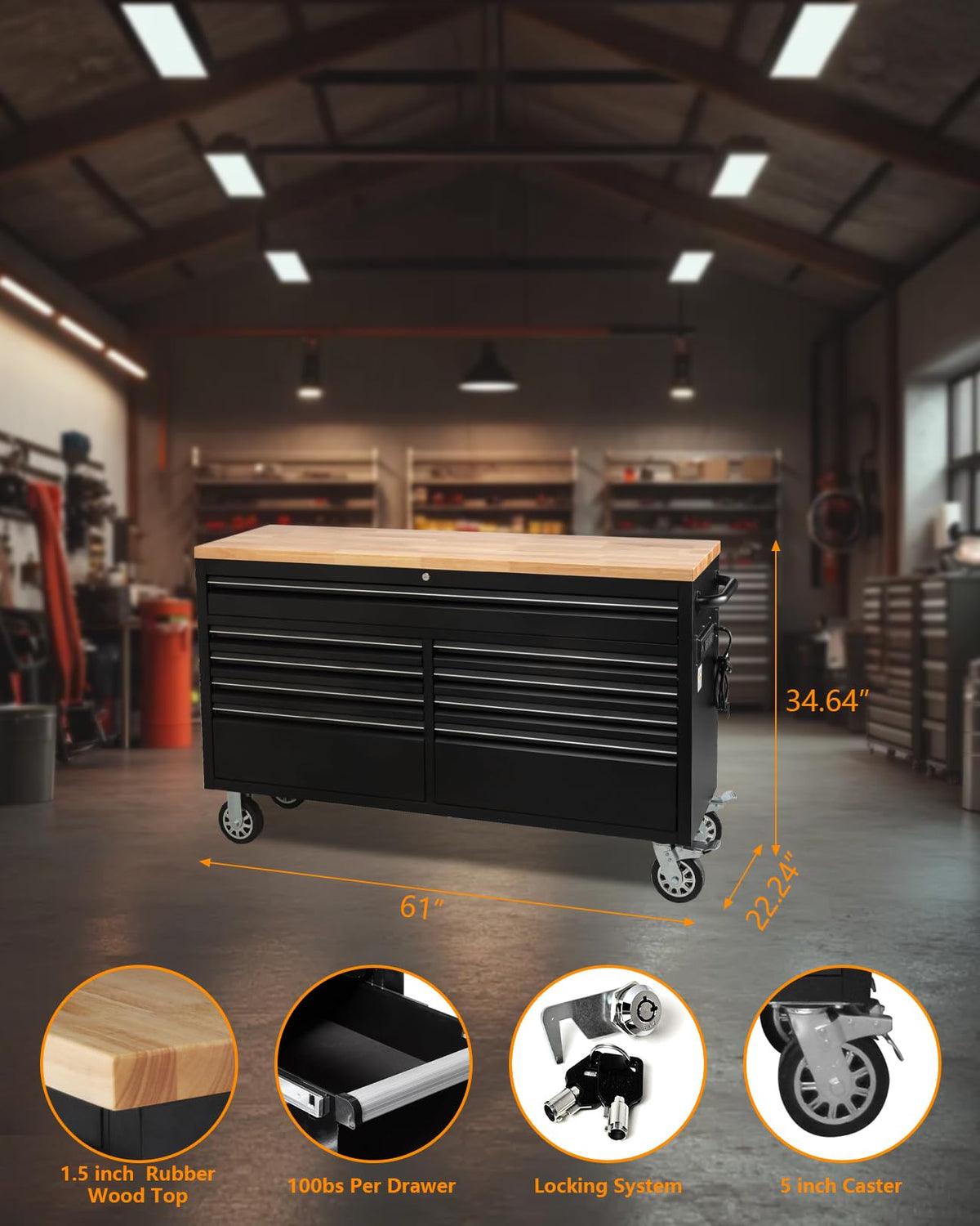 61" Rolling Tool Chest with 9 Drawers - Heavy-Duty Steel & Rubber Wood Workbench on Wheels, Garage Workbench with Key Locking System, Drawer Liners for Warehouse Repair Shop, Matte Black