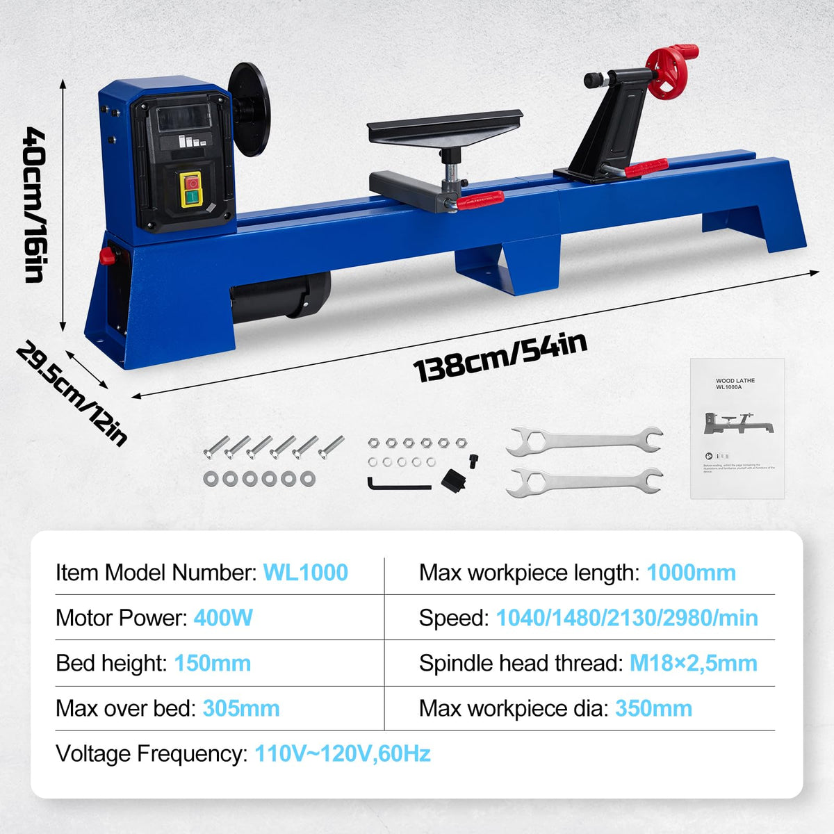 Wood Lathe, 14" x 40" Benchtop Wood Lathe Machine 0.5 HP Infinitely Variable Speed 1040-2980 RPM, Wood Turning Lathe Machine with Wrench & 2 Chisels for Woodworking, Woodturning