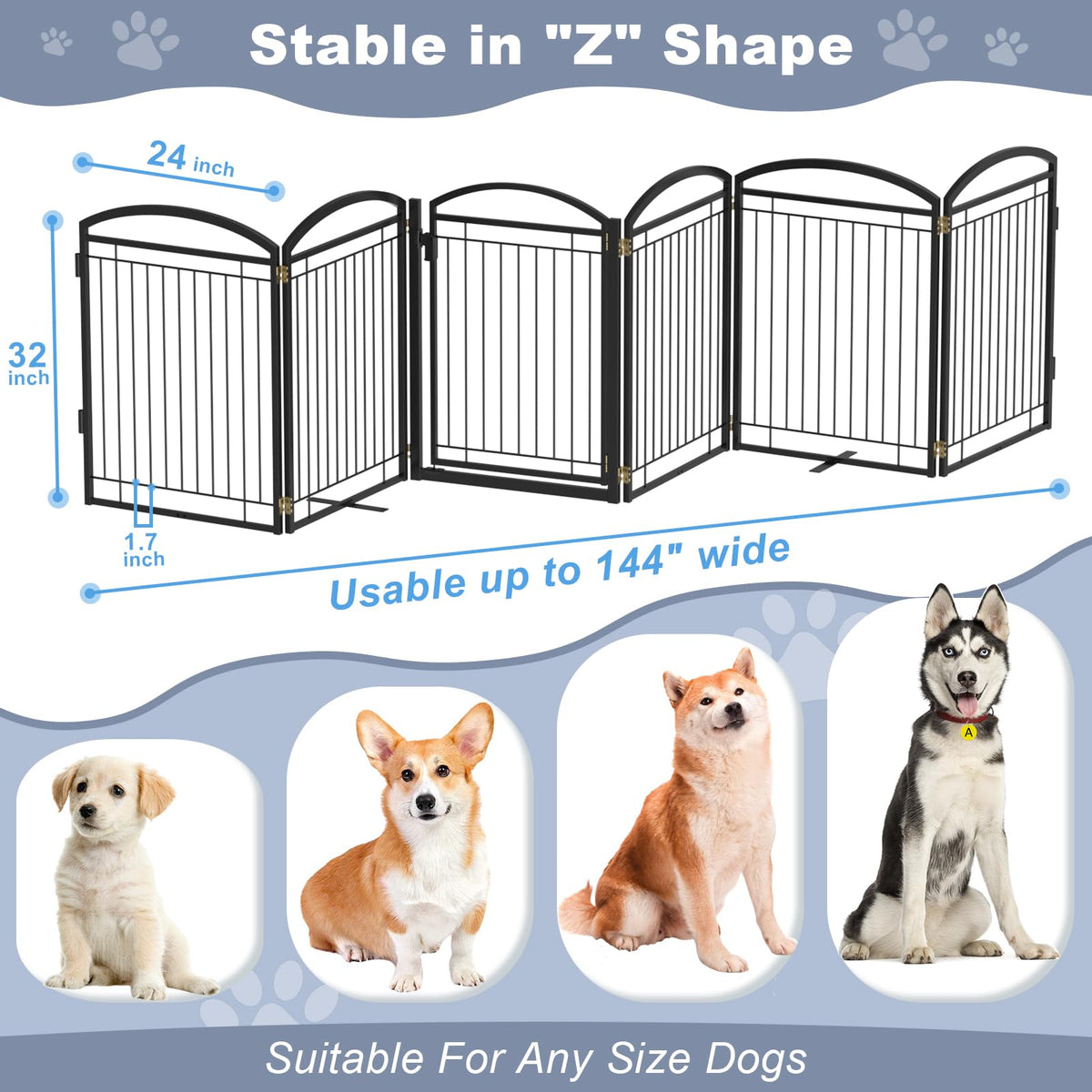 Full Metal Free Standing Dog Gate with Door for Indoor Barriers,144'' Extra Wide 32'' Tall Dog Gate for Doorways,Large Openings,Decks,Freestanding Portable Pet Fence(6 Panels,Black)