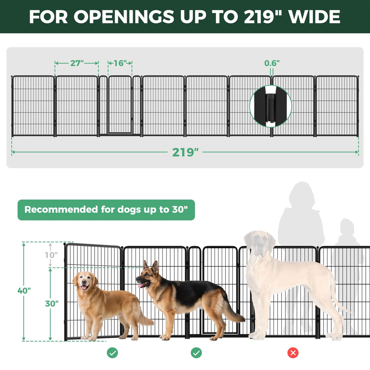 FXW Dog Gate Extra Wide Designed for Indoor Use, Adjustable Width Up to 219-inch Wide (40" H 8 Wire Panels for Medium and Large Dogs), Black
