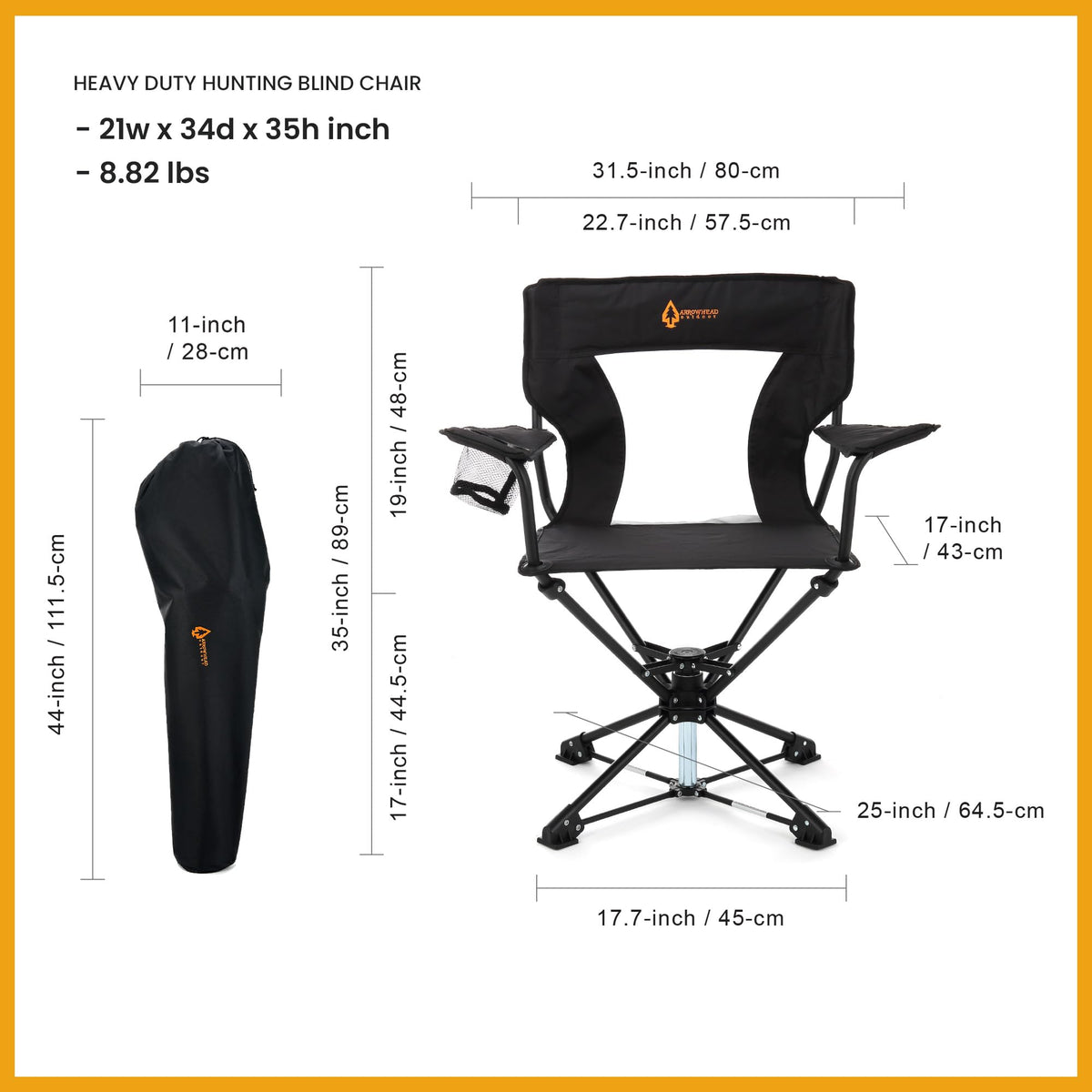 ARROWHEAD OUTDOOR 2-Pack 360° Swivel Hunting Chair Stool Seat, Perfect for Blinds, No Sink Feet, Supports up to 450lbs, Carrying Case, Steel Frame, 600D Canvas