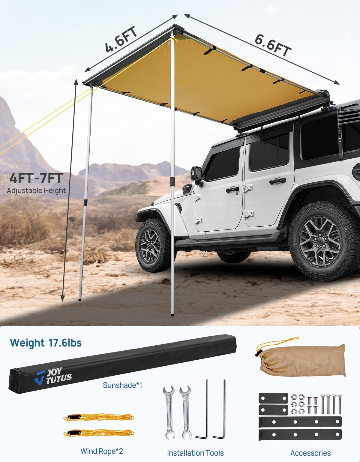 JOYTUTUS Vehicle Awning 4.6'x6.6' Roof Rack Pull-Out Sun Shade UV50+, Weatherproof 4x4 Side Awning for Camping, Car Sunshade with Adjustable Hardware, Quick Set-up, SUV/Truck/Van/Jeep