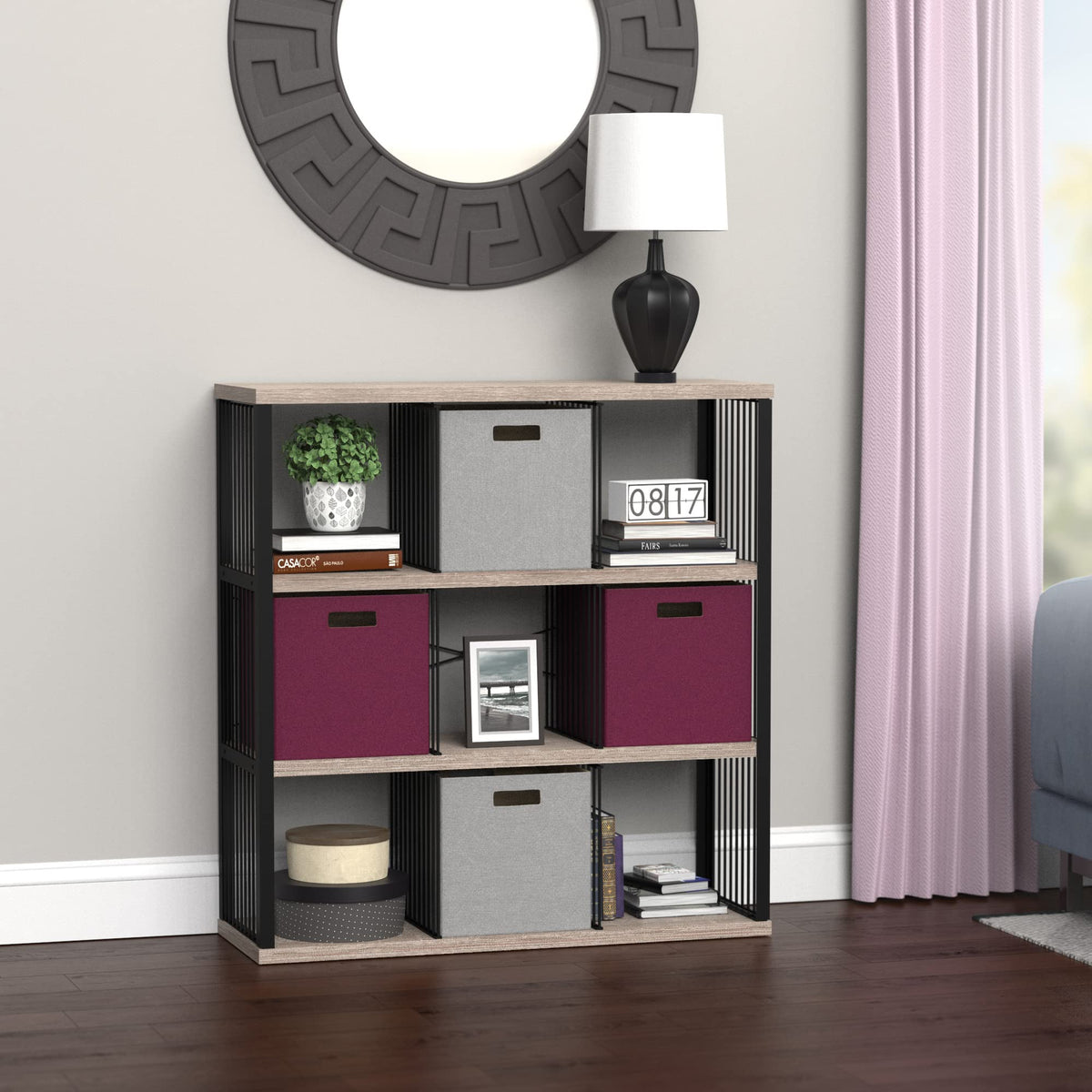 ClosetMaid 9-Cube Storage Organizer Bookshelf, Storage Shelf, Metal Frame, Wood Shelves, Easy Assembly, Black/Weathered Gray