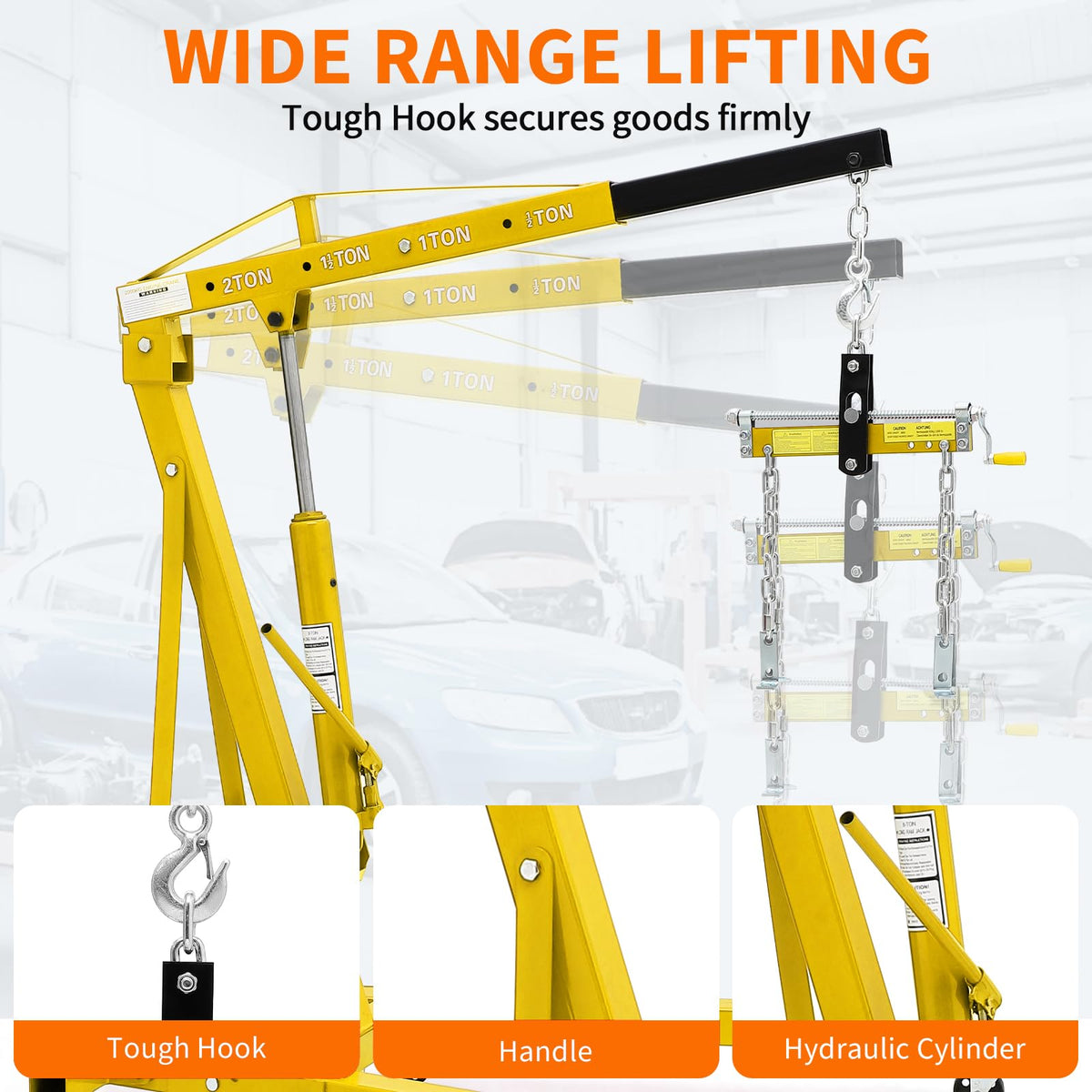 GarveeTech 2-Ton Folding Engine Hoist Cherry Picker 4400 Lb Capacity Hydraulic Shop Crane with Telescoping Boom 6 Caster Wheels for Automotive Repair Garage Use Includes Hitch and Storage Red