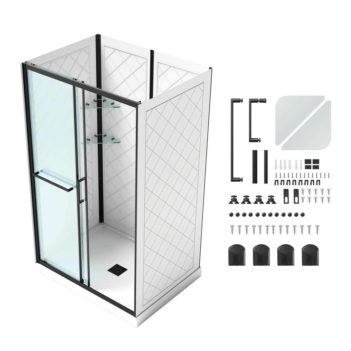 VEVOR Shower Enclosure, 36 in. D x 48 in. W x 79.1 in. H, Framed Sliding Shower Door with 1/4 in. Clear Tempered Glass, Complete Bathroom Alcove Stall with Non-Slip Base Kit & Triple-Sided Wall Panels