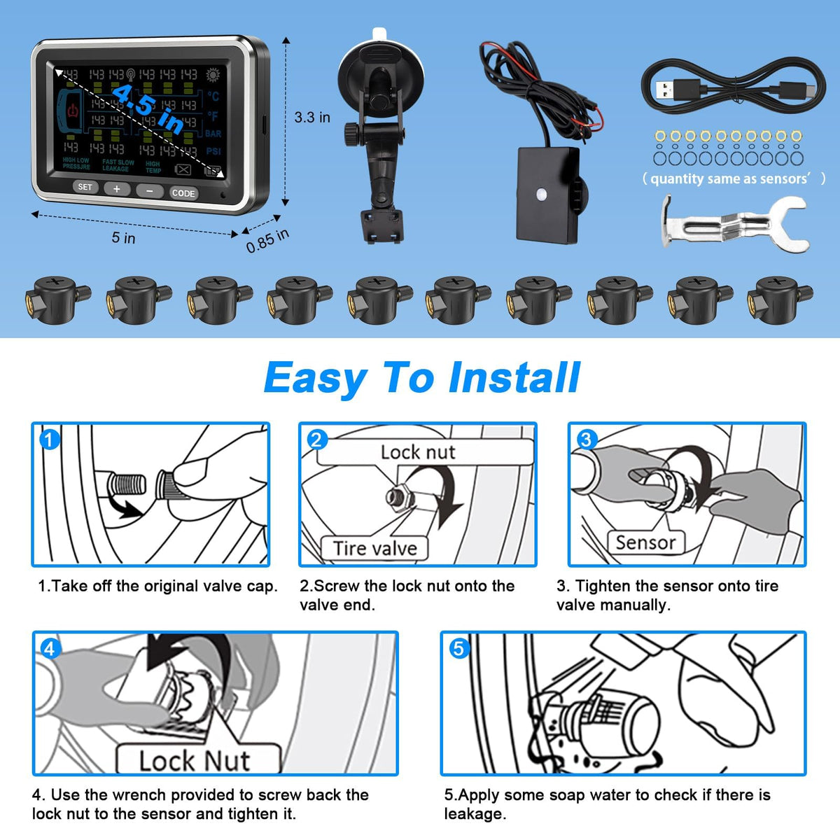 NLNE Trailer Tire Pressure Monitoring System 8 Sensors, 4.5" RV TPMS with Flow Through Sensor,6 Alerts Modes Monitor for Semi Truck/Camper/5th Wheel,Motorhome,Signal Booster,0-188PSI(4-22 Sensors)