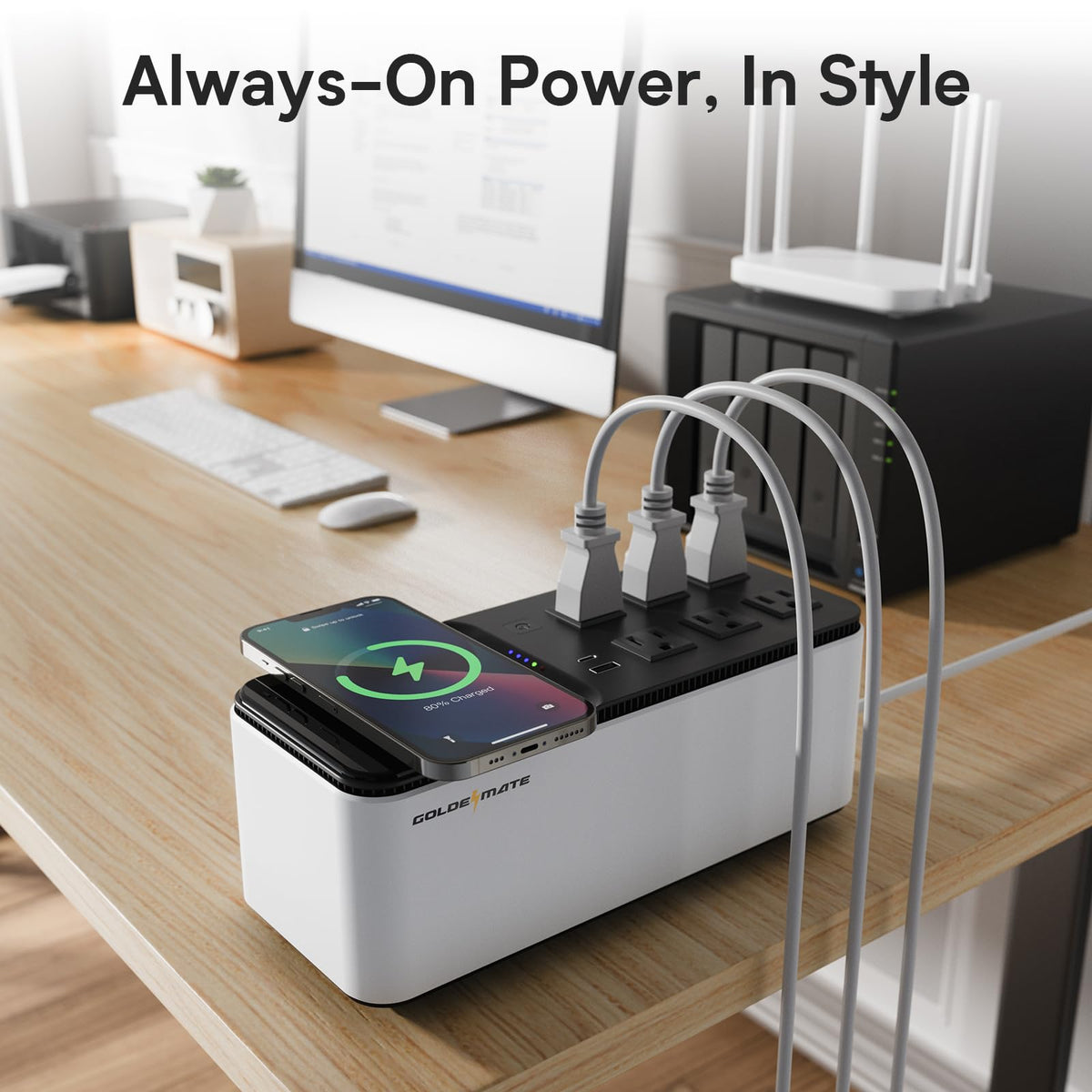 GOLDENMATE 600VA/360W Lithium UPS Battery Backup and Surge Protector, Backup Battery Power Supply with LiFePO4 Batteries(76.8 Wh), 6 Outlets, 2 USB Ports, Wireless Charging, Wall Mount Compact Design