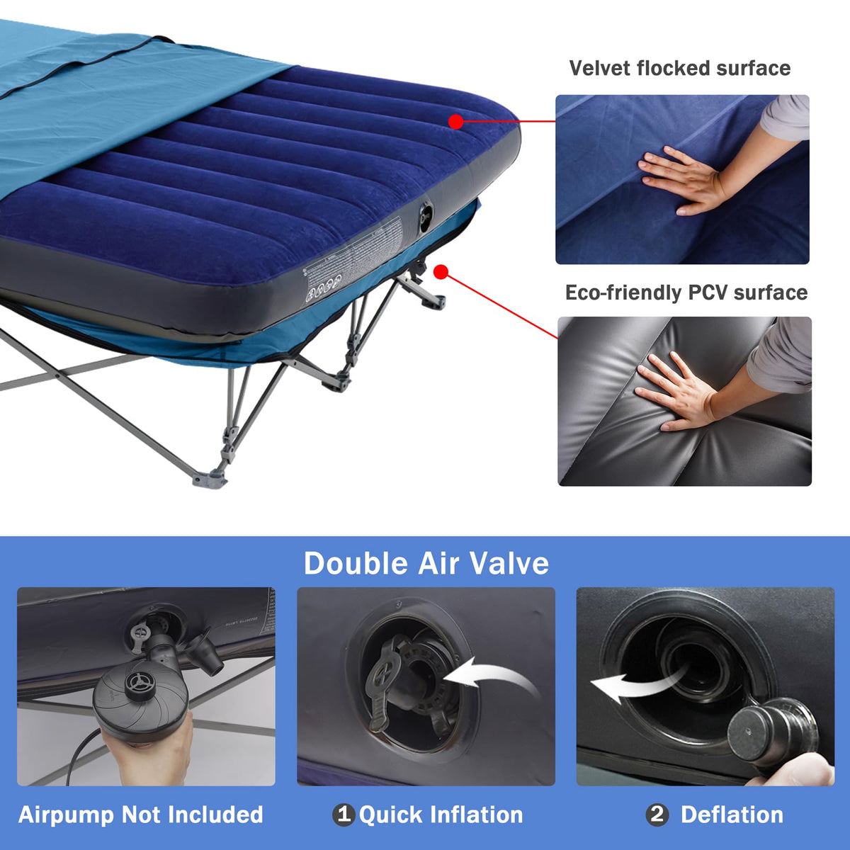 KAMPKEEPER Camping Cot,Camping Cots for Adults,Folding Camping Cot with Inflatable Air Mattress and Carry Bag,for Outdoor Travel Camp Beach Vacation (not Included The Airpump)