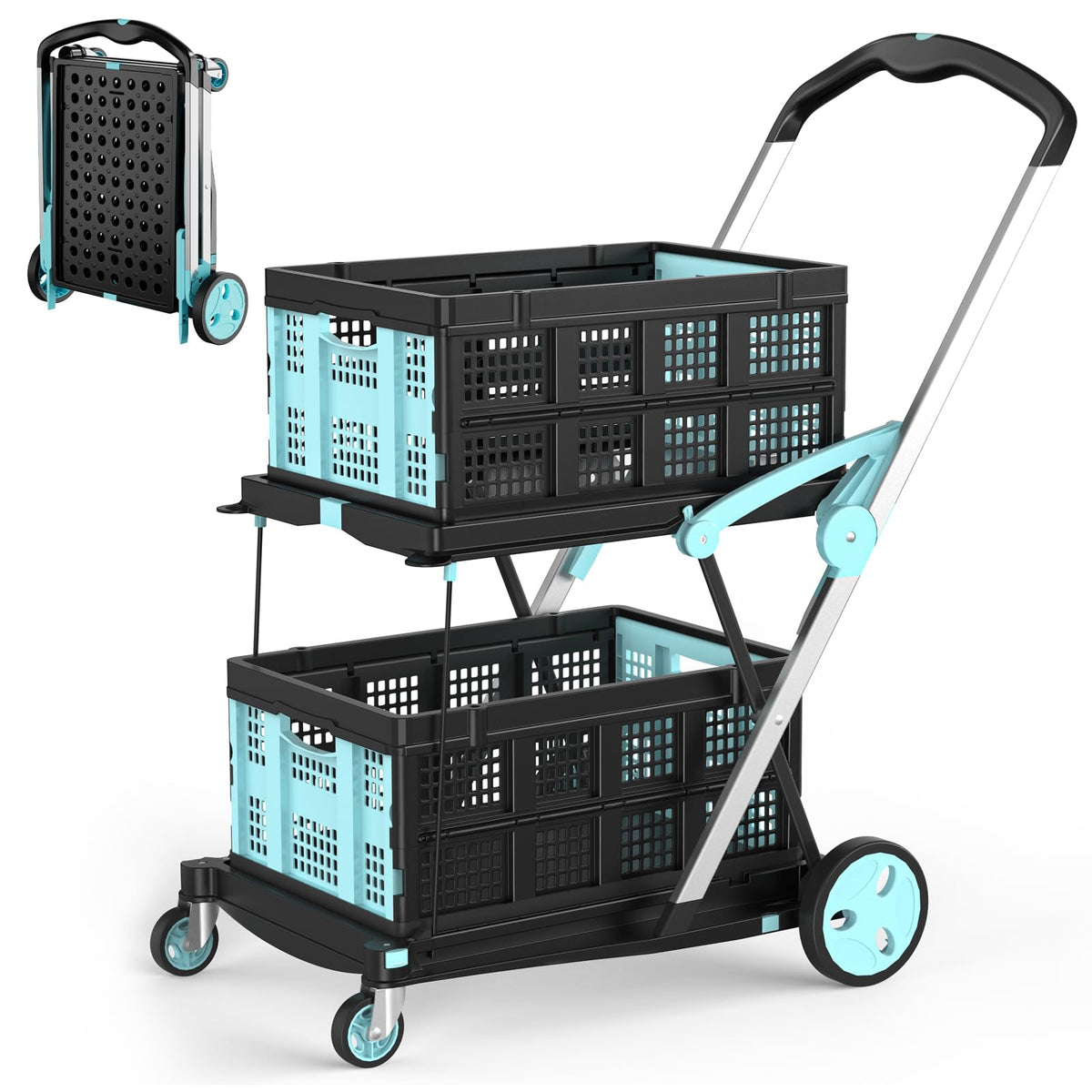 Foldable Shopping Cart, 200 lbs Capacity Grocery Cart on Wheels with Two Collapsible Crate Heavy Duty Collapsible Carts with Foot Brake for Groceries, Office, Warehouse and Supermarket
