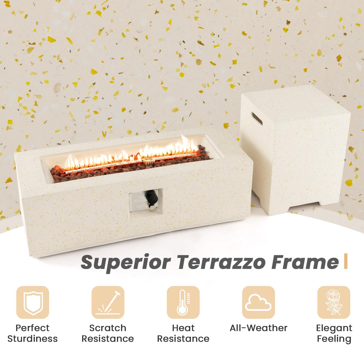Tangkula 50,000 BTU Propane Fire Pit Table Set, 42” Terrazzo Fire Pit Table with Hideaway Tank Holder, Stainless Steel Burner, Protective Cover, Lava Rocks, Fit 20 lbs Tank