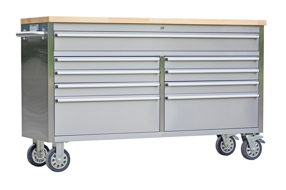 IDEALHOUSE 61 inch Rolling Tool Chest, Garage Workbench with 9 Drawers, Solid Rubber Wood Top & with Wheels Lock Key Locking, Mobile Workstation Tool Cabinet for Workshop Storage