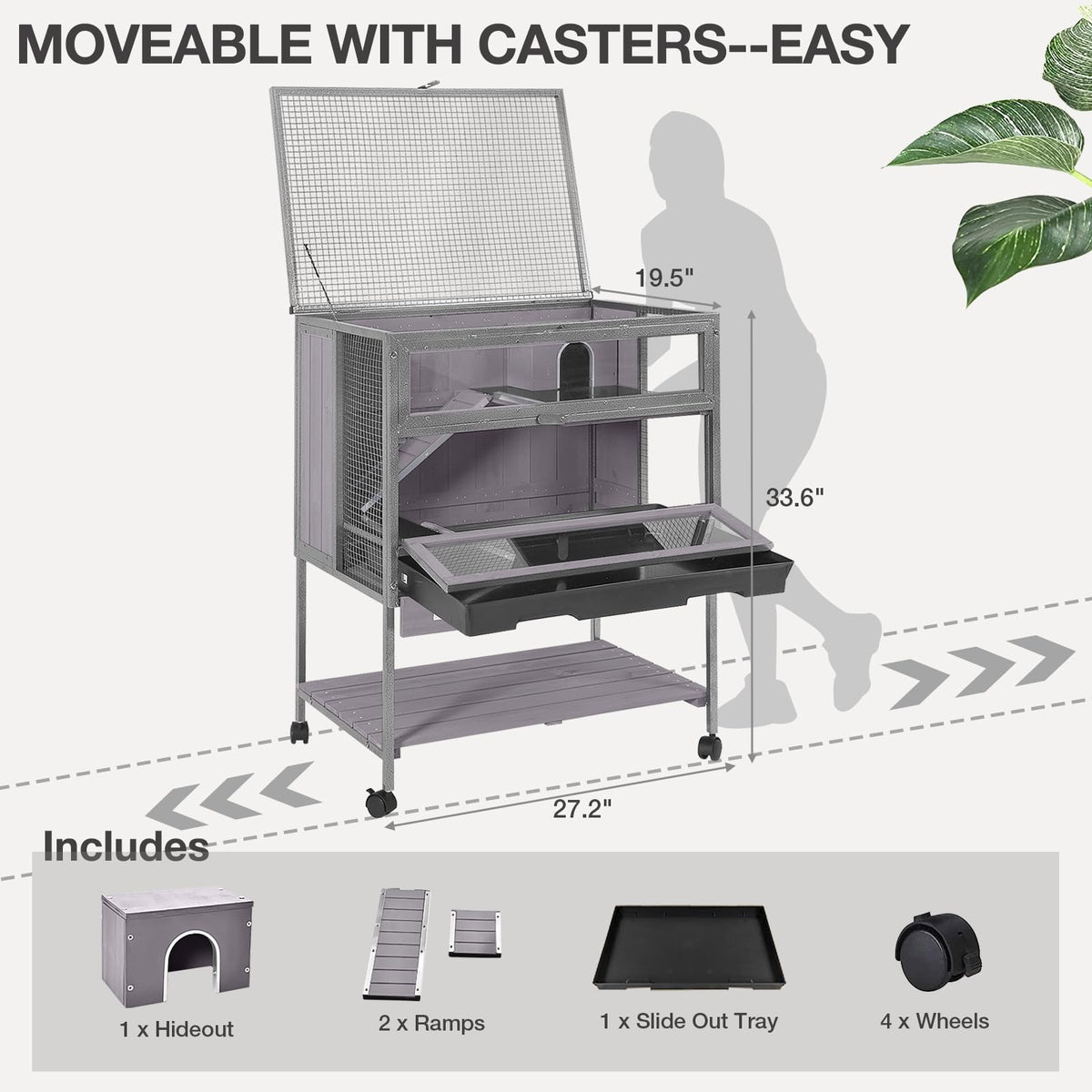 MEDEHOO Guinea Pig Cage, Moveable Metal Frame Hamster Cage Anti-Chewing with Aluminium Alloy Edge, Hideouts, Ramps, Seesaws Chewing Toy, Deeper Pull-Out Leakproof Tray for Indoor Outdoor(Grey)