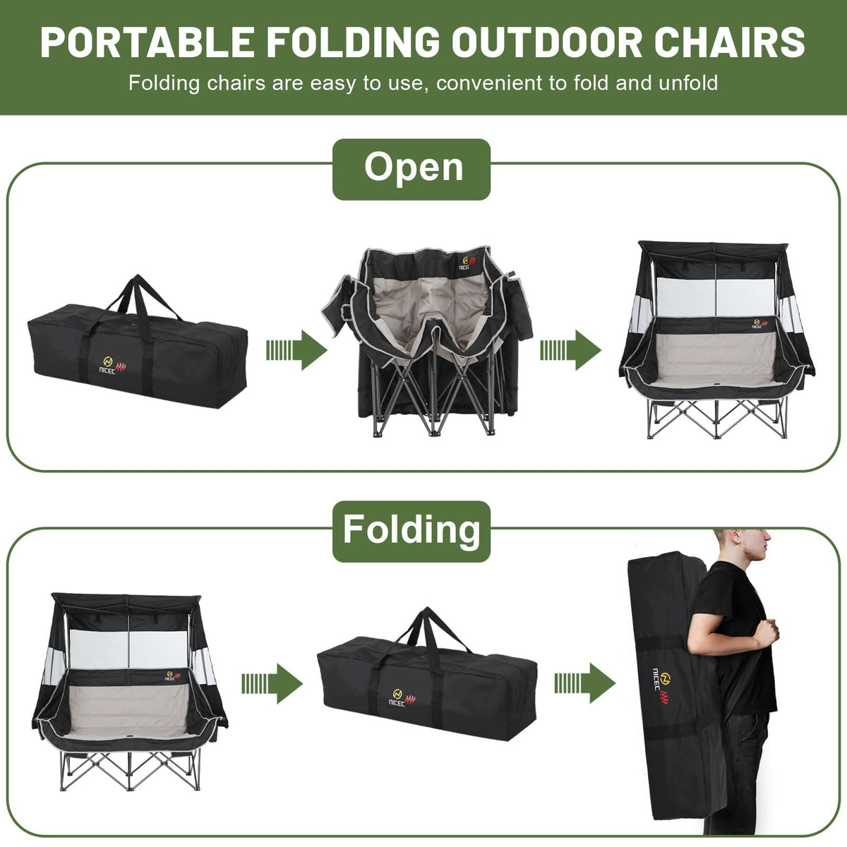 Nice C Heated Double Camping Chair with Canopy, Heated Outdoor Sports Folding Bench with Battery, Portable Padded Umbrella Chairs, Couch with Shade, Cup Holder, Cooler Bag, Loveseat For Lawn, Outdoors
