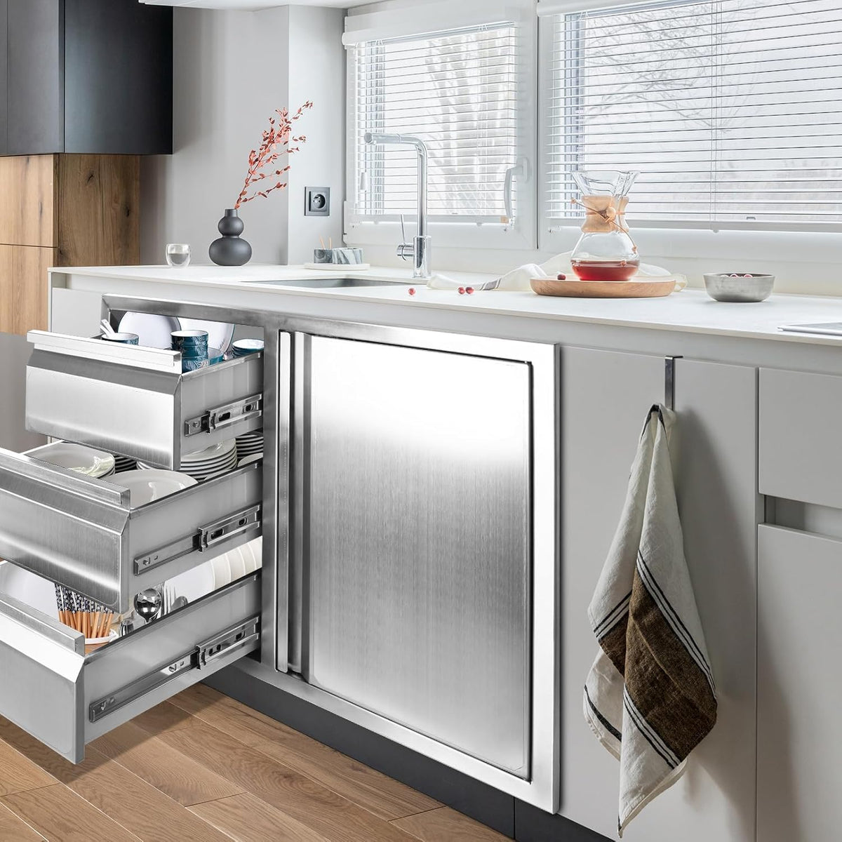 Outdoor Kitchen Drawer Combo, Stainless Steel Sealed Storage Combo with Triple Drawers, Outdoor Kitchen for BBQ Island, Grilling Station, Outside Cabinet (27.8" W x 21.8"D x 19.6" H)(Left Drawer)