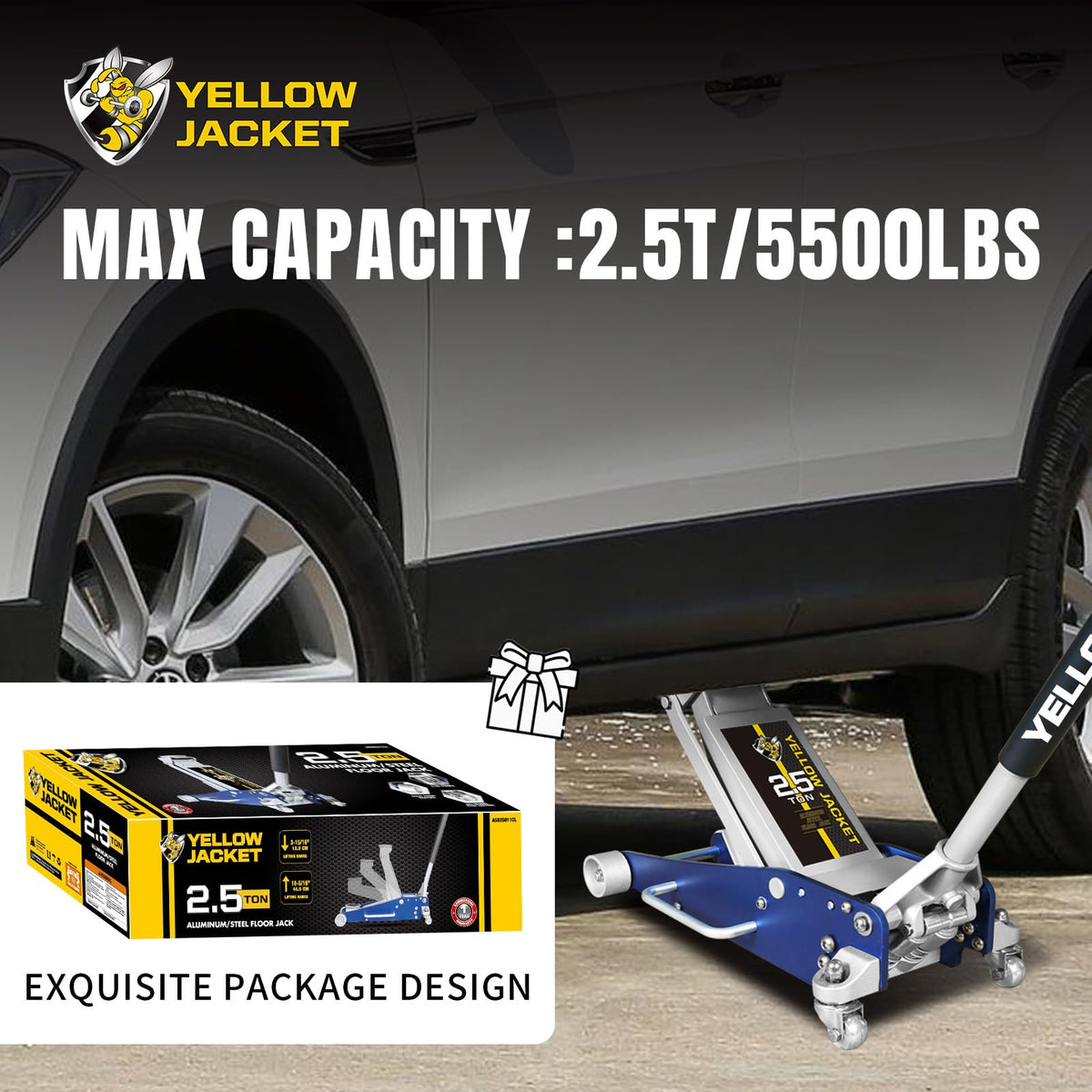 YELLOW JACKET Floor Jack 2.5 Ton Hydraulic Low Profile Aluminum and Steel Racing Car Jack with Fast Lifting Dual Pump, 5500 lbs Capacity