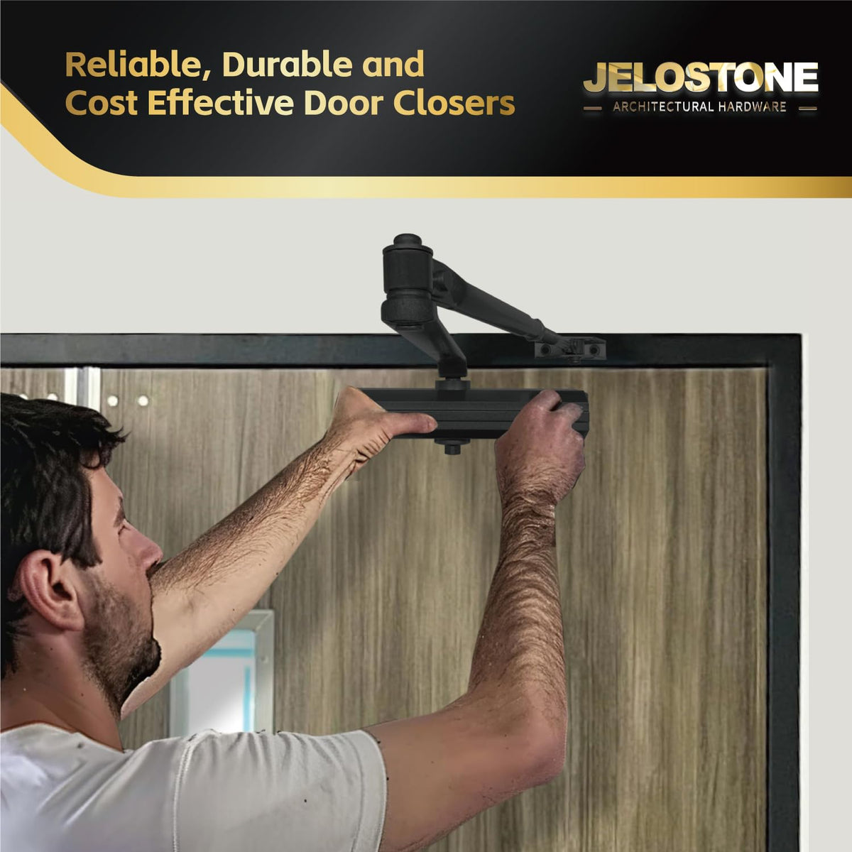 JELOSTONE Medium/Heavy Duty, Commercial Door Closer D4000, ANSI Grade 1, UL 3 Hour Fire Rated, ADA Compliant, Adjustable Spring Size 1-6 for Doors (44-330lb, 30-60 in), Indoor/Outdoor (Black)