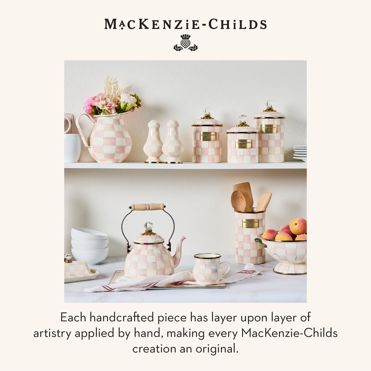MACKENZIE-CHILDS Coffee French Press, Glass French-Press Coffee Maker, 32-Ounce Capacity, Pink-and-White Rosy Check