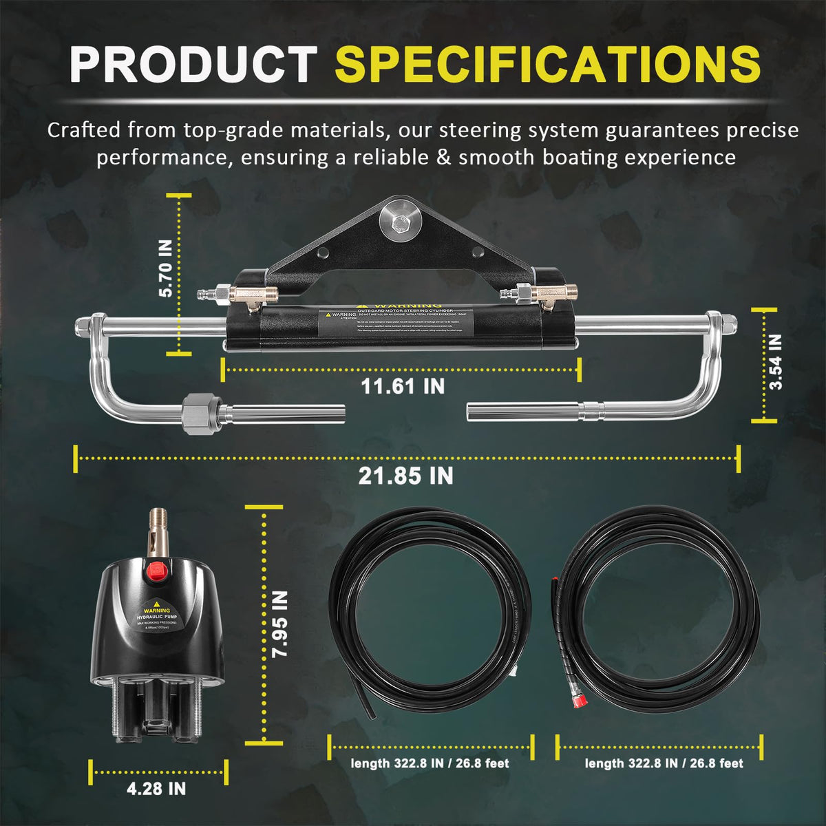 Hydraulic Steering Kit 150HP for Outboard Boat Engines -409.7kgf Output,26.8ft Cuttable Hose,6.9MPa Helm, Dual-Lock Cylinder -For Yamaha/Mercury/Honda/Suzuki/Single Engine Outboards,For 3/4" Tilt Tube