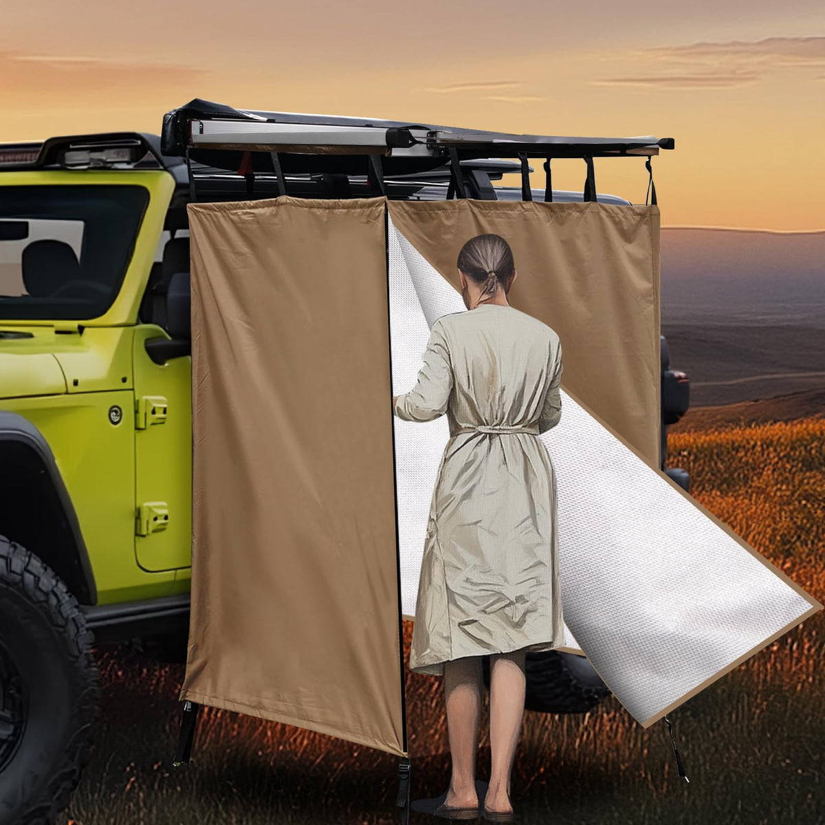 Awning Shower Tent Car Outdoor Portable Camping Shower Tent Car Side Shower Room Privacy Shelter Restroom Vehicle Side Shower Bathroom for RV, Van, Truck, Waterproof, Light Brown