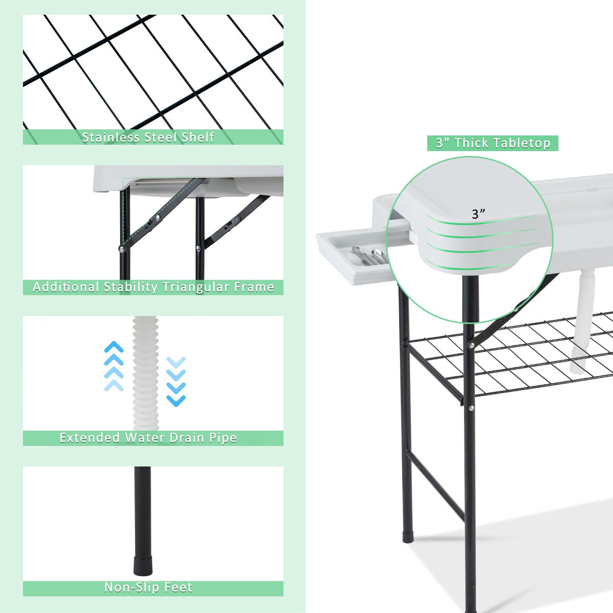 Dragosum 42'' Outdoor Fish Cleaning Table Portable Camping Sink Station with Double Sinks, Collapsible Swivel Faucet, Picnic Sink Table for Picnic Beach Patio