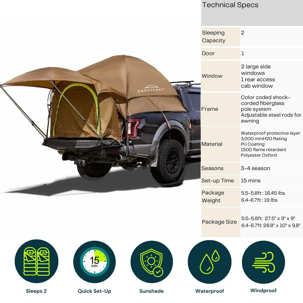 Savvycraft Pickup Truck Tent for Full Size Truck 8.0'-8.2' Long Bed, Waterproof P3000mm 2-Person Double Layer Truck Bed Tent Camping Tent, Expandable Awning, Rainfly, Storage Bag Included Brown