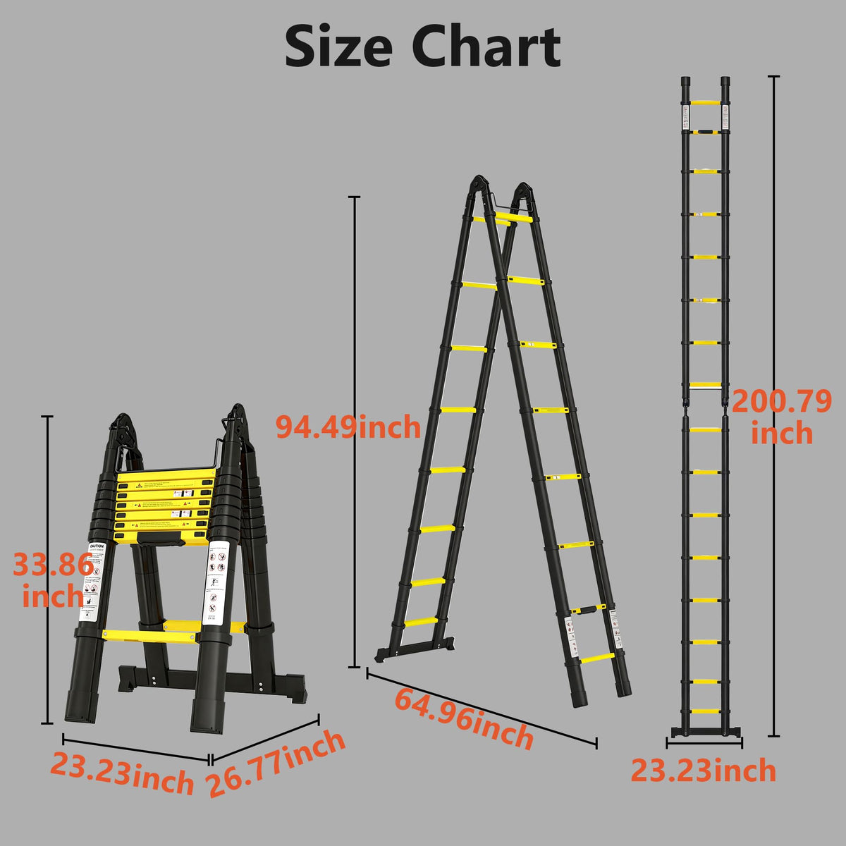 Telescoping Ladder A Frame 16.5Ft Aluminum with Stabilizer Bar, 330 LBS Capacity, Collapsible Extension Ladder for House, Roof, RV & Travel Trailer(Black+Yellow)