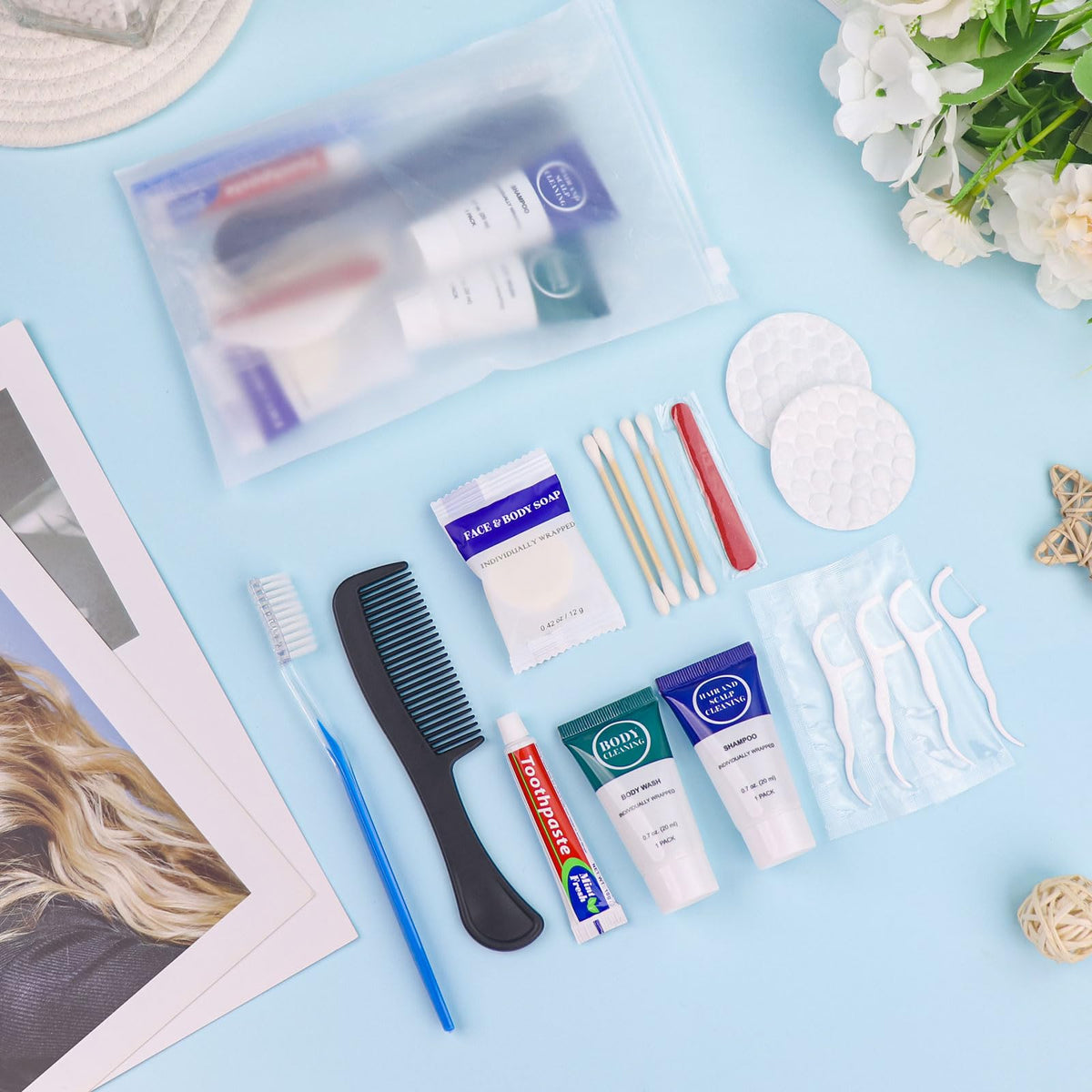 Toiletry Kits Travel Essentials Disposable Hygiene in Bulk, Trial Size Toiletries Supplies Individually Wrapped Traveling Personal Care Items, for Camping, Hotel, Homeless, Charity, 8-in-1 (100-Pack)