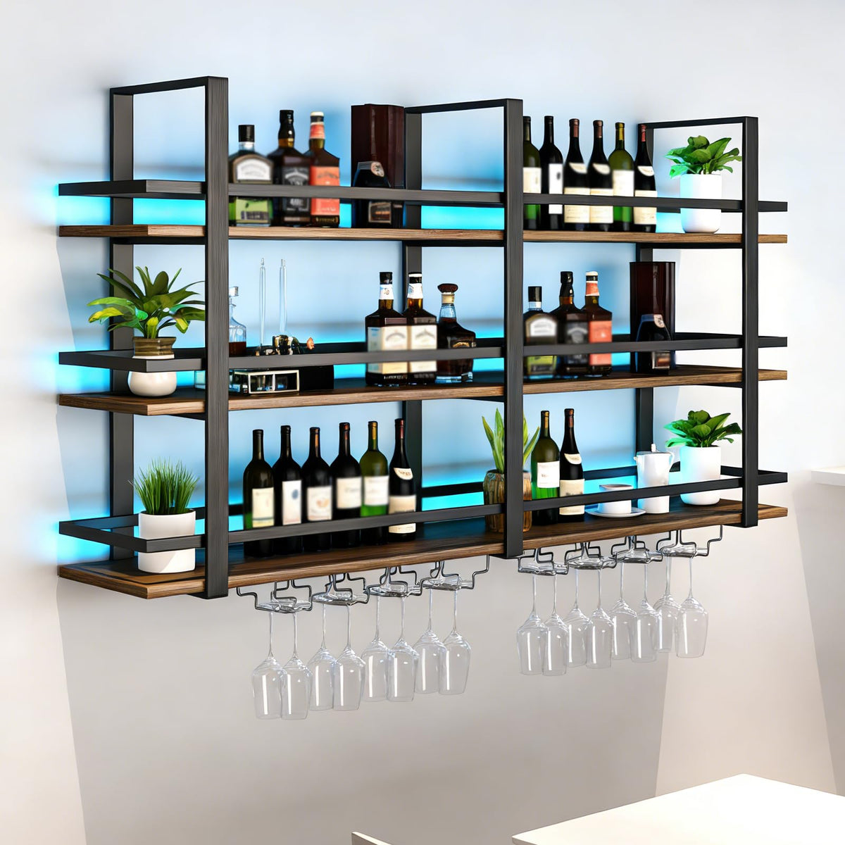amhricho Wine Rack Wall Mounted with LED Lights, 3 Tier Metal Liquor Floating Display Shelves, with Wine Glass Rack, Iron & Wood Industrial Wall Wine Rack, for Bar, Kitchen, Cafe (Black, 39.4in)