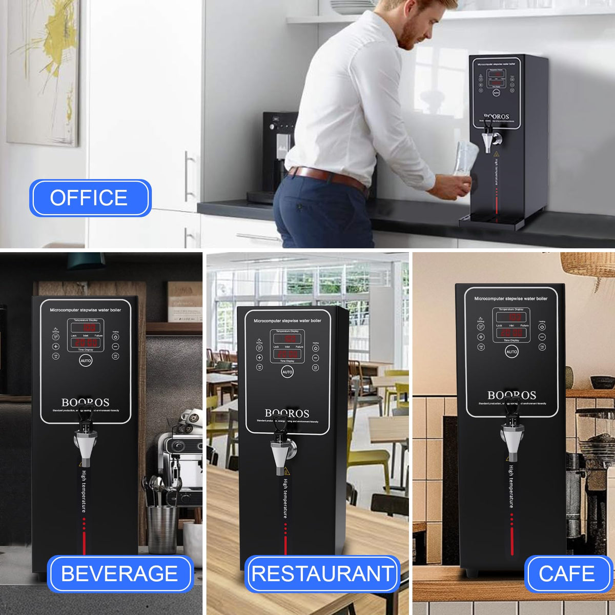BOOROS Commercial Water Boiler 10L Hot Water Dispenser Black 1500W Commercial Hot Water Dispenser,30L(7.9GAL)/Hour Step-by-Step Heating Temp Control 104-212℉(40-100℃) for Restaurant,Hotel,Office