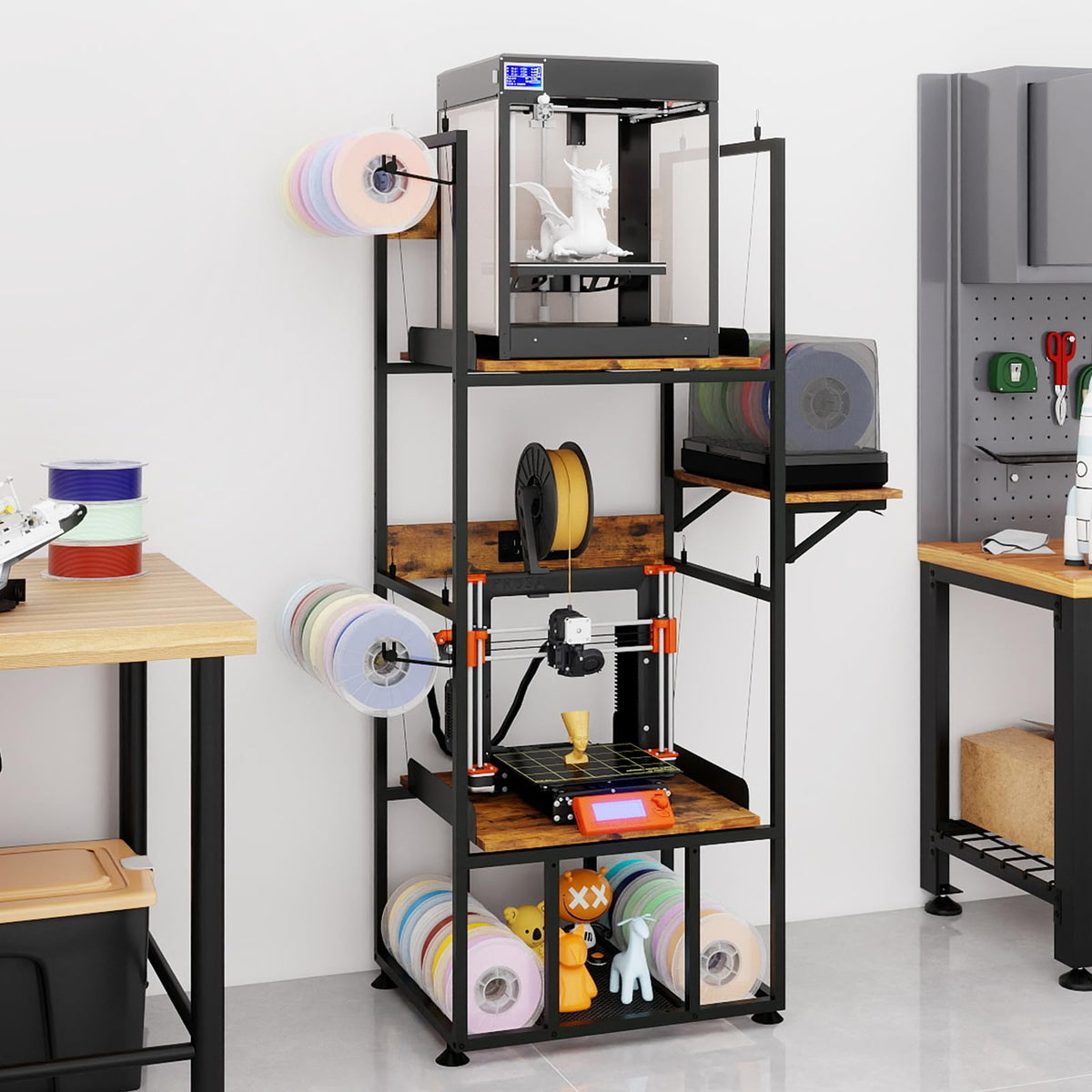 PUNCIA 3-Tier Foldable 3D Printer Stand with Filament Storage, Heavy Duty Rack for FDM SLA Resin 3D Printers and PLA ABS Materials Sturdy 3D Printing Table Perfect for Home Office Workshop Studio