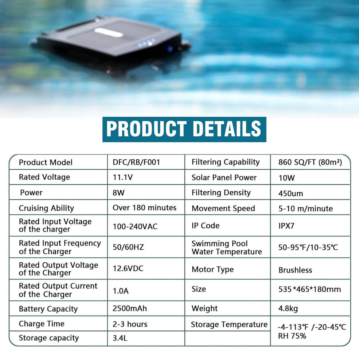 Solar Pool Skimmer with 2500Mha Battery/Large Capacity Debris Basket, Automatic Pool Cleaner, Dual Mode Cleaning, Intelligent Route Planning