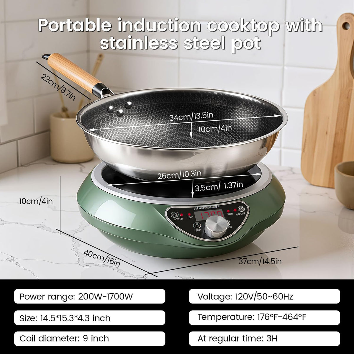 Abangdun 1700W 120V Concave Induction Wok Cooktop with Stainless Steel Wok, Non-Pulse Continuous Heating, 16 Power Levels, Portable Countertop Burner for Round-Bottom Woks & Stir-Fry Cooking